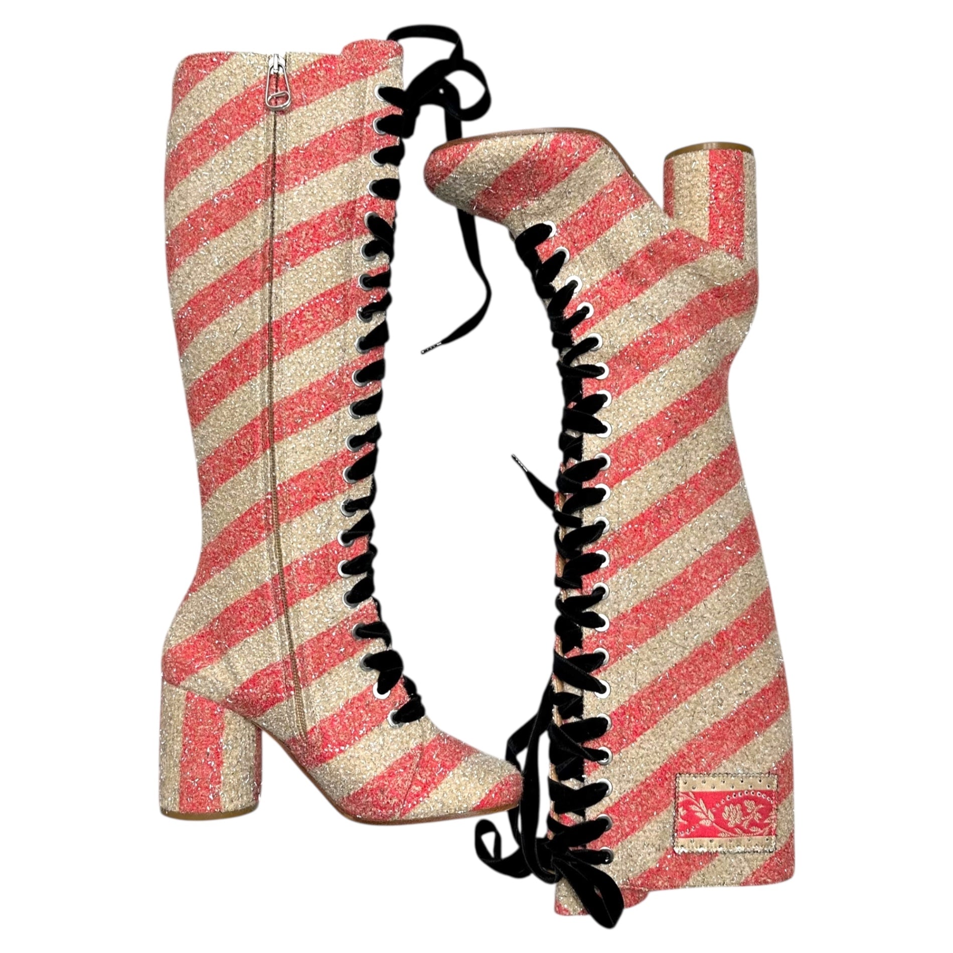 MAISON MARGIELA(メゾンマルジェラ) 17AW Lace-Up Tweed Long Boots レース アップ ツイード ロング ブーツ S58WW0045 37(23.5cm程度) レッド×ベージュ