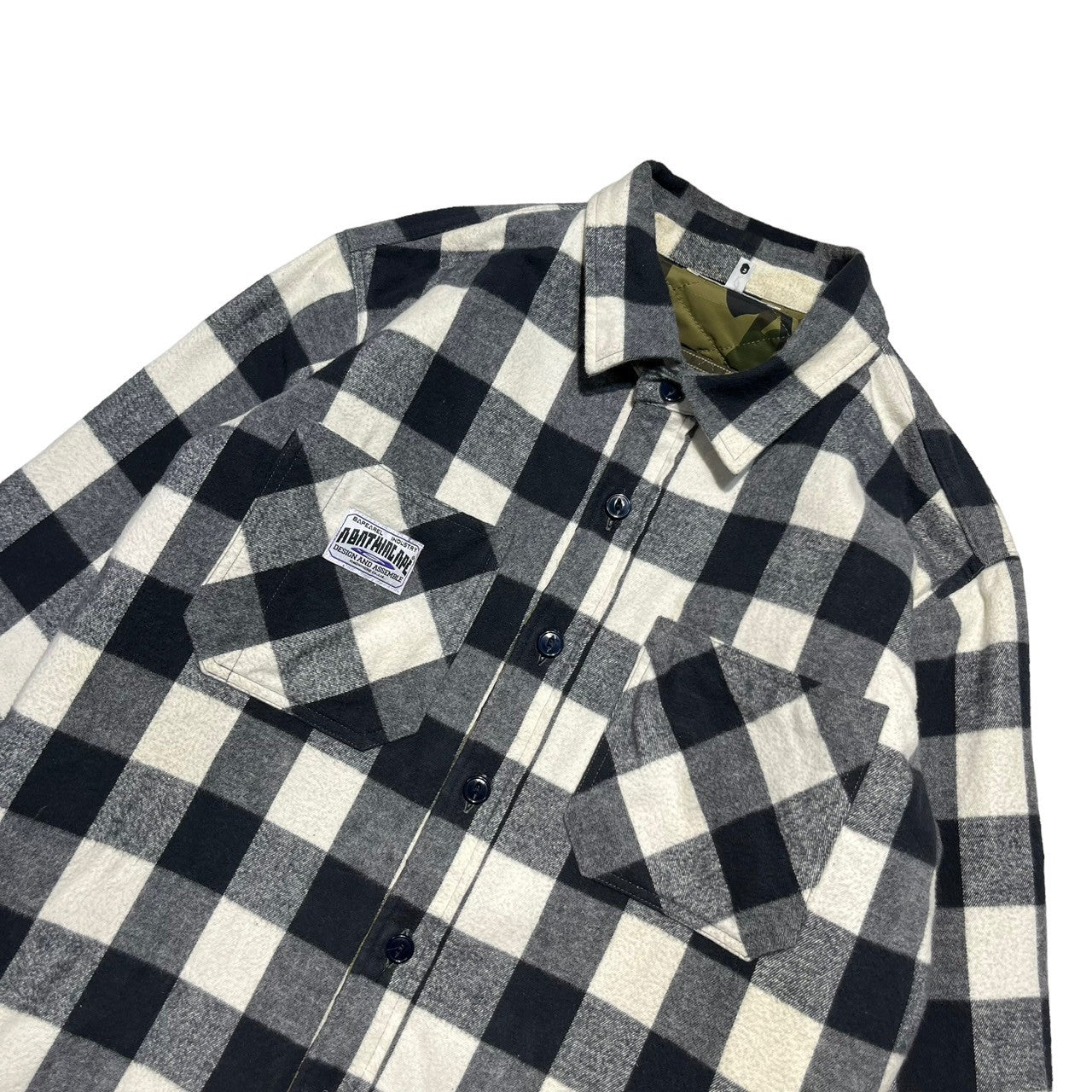 A BATHING APE(アベイシングエイプ) Block check flannel shirt with camouflage pattern inner padding カモフラ柄 インナー 中綿入り ブロックチェック ネルシャツ 001sh9801036 XXL ブラック×ホワイト