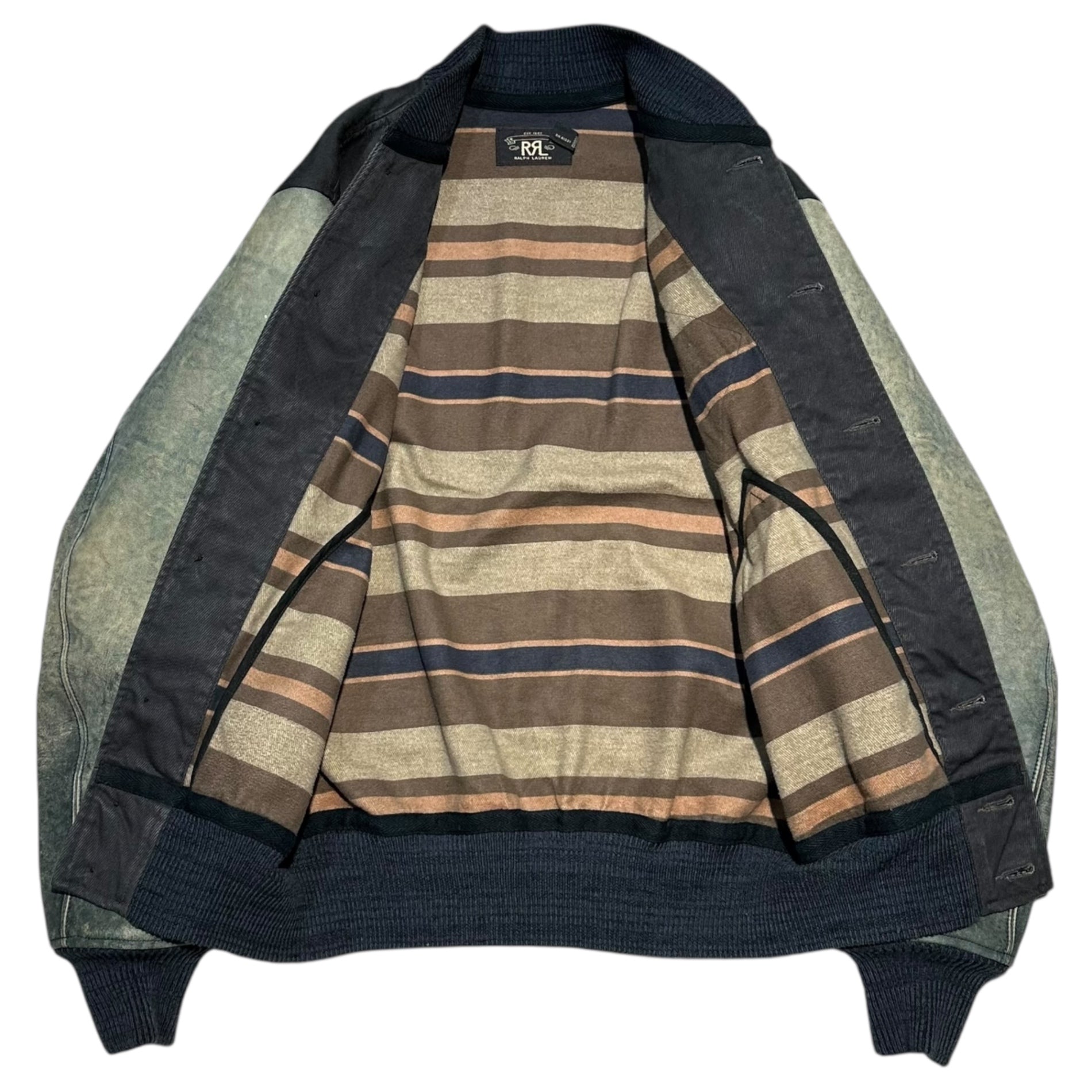 RRL(ダブルアールエル) Vintage-Processed Indigo Leather Sleeve Varsity Jacket ヴィンテージ加工 インディゴ レザースリーブ バーシティ ジャケット  S ブラック×インディゴ