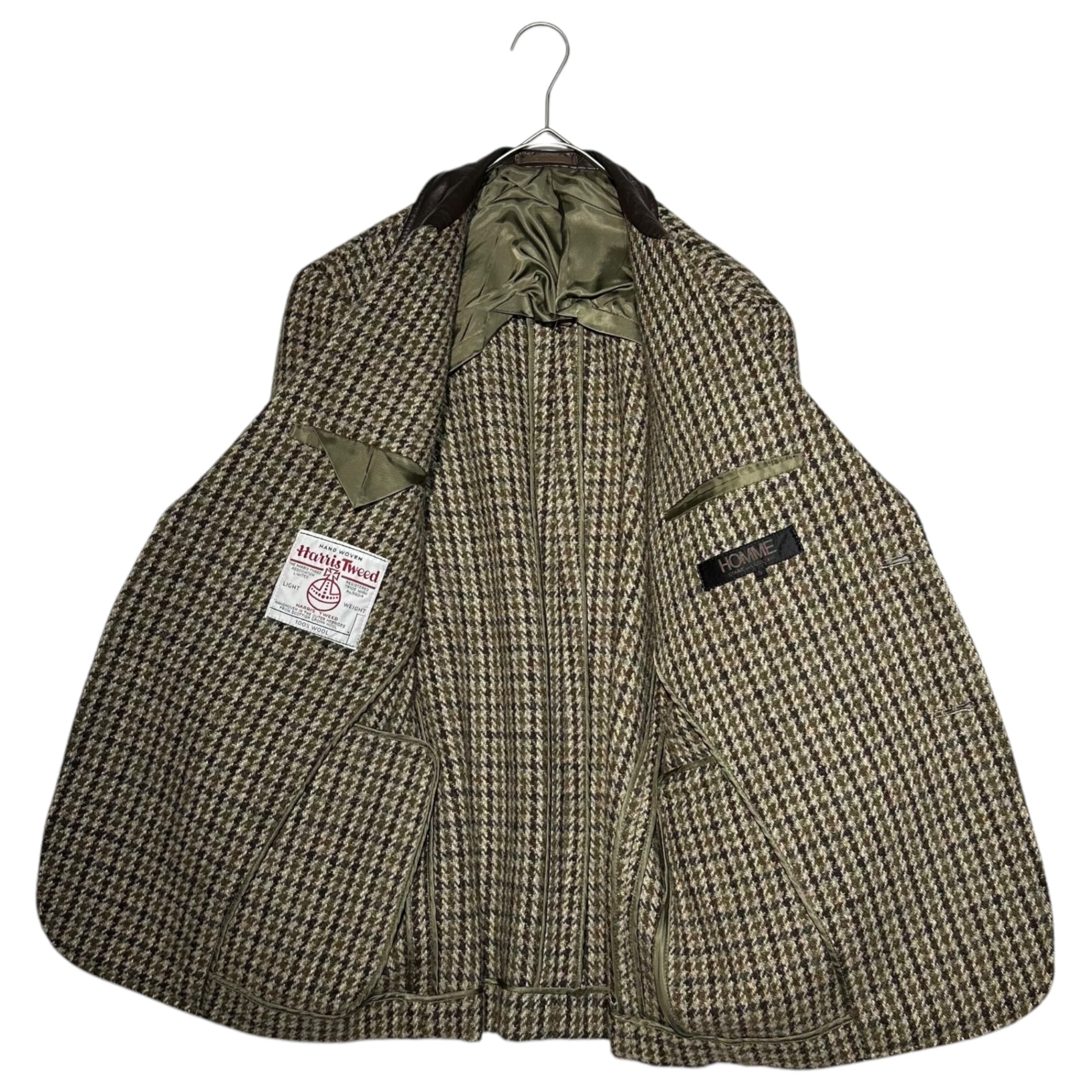 COMME des GARCONS HOMME(コムデギャルソンオム) 70～80's ”HARRIS TWEED ” Wool jacket with leather collar ハリス ツイード 襟 レザー 切替 ウール ジャケット 川久保玲 本人期 HJ 08006S S ブラウン 70年～80年代製造 稀少品 デカオム