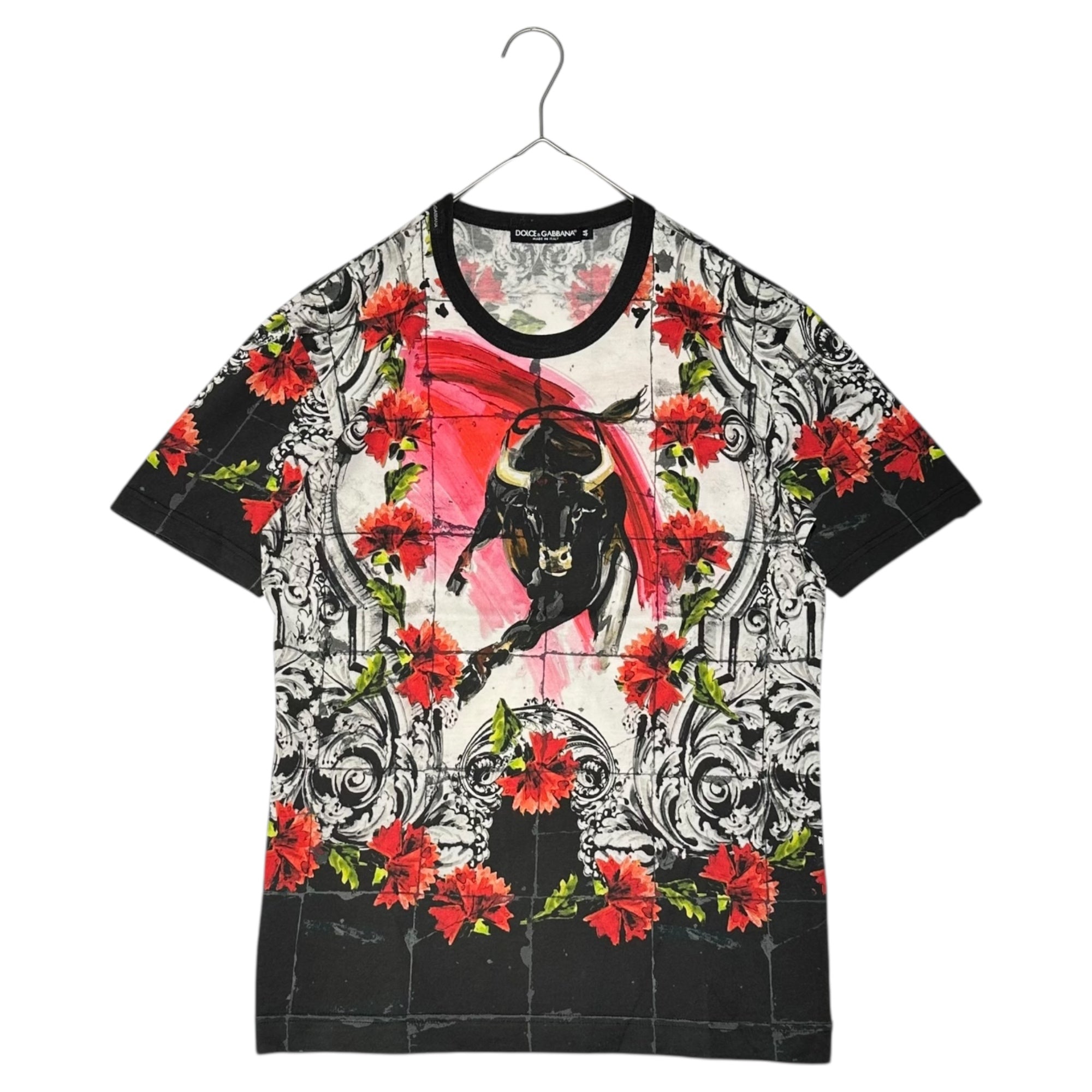 DOLCE&GABBANA(ドルチェ&ガッバーナドルガバ) Flower & Bull Graphic T-Shirt フラワー＆ブル グラフィック Tシャツ G8FE9T G7DKH 44(XS程度) ホワイト×レッド 花 牛