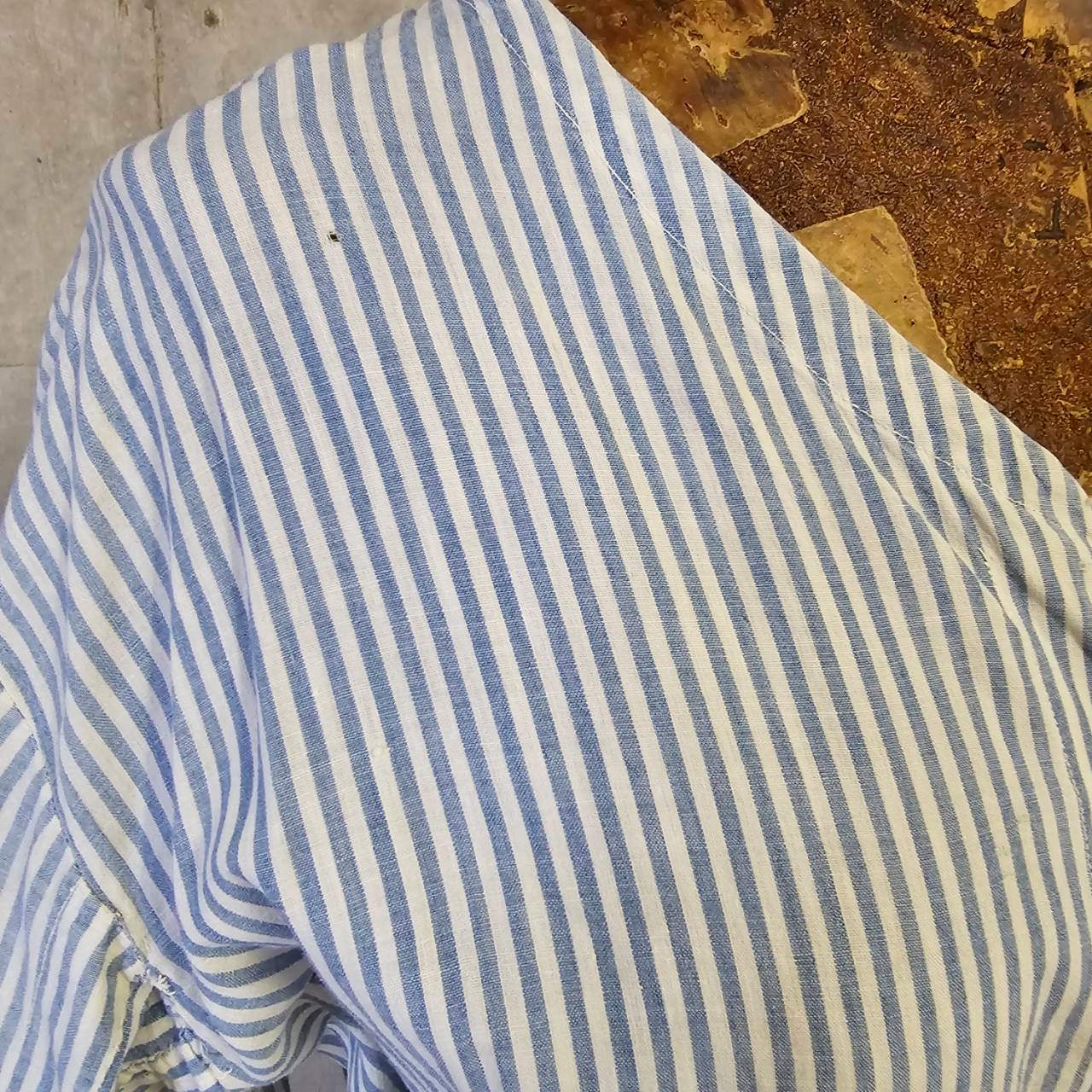 Euro antique(ヨーロッパアンティーク) 20's~ frenchcuffs cotton gather stripe onepiece フレンチカフスのコットンギャザーロングワンピース 表記無し(M~L程度) / 細かなダメージ有 ブルー×ホワイト