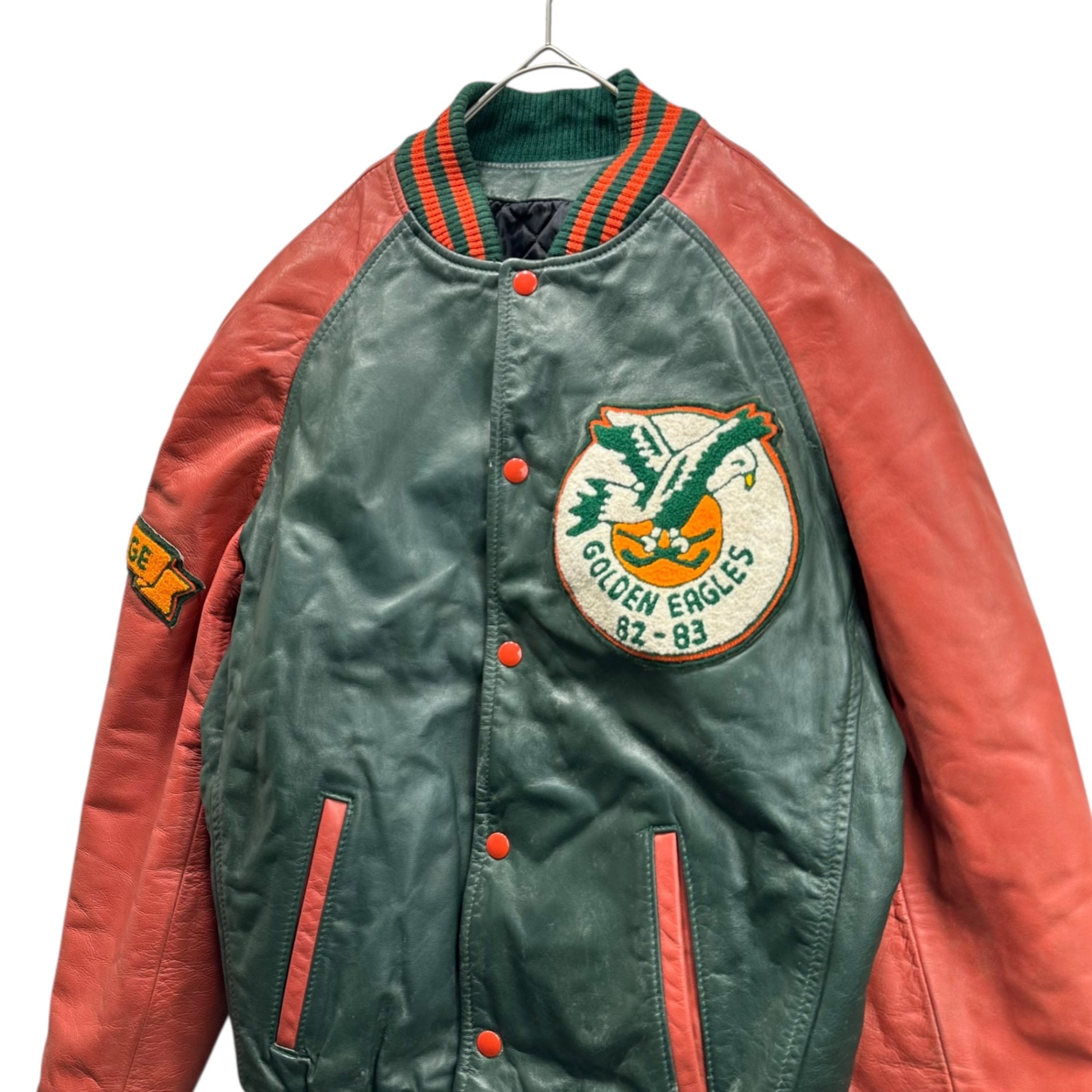 EXPORT LEATHER GARMENTS(エクスポートレザーガーメンツ) 90's CANADA made Leather Stadium Jacket レザー スタジアム ジャケット 36 グリーン×レッド 推定90年代 ヴィンテージ スタジャン ブルゾン