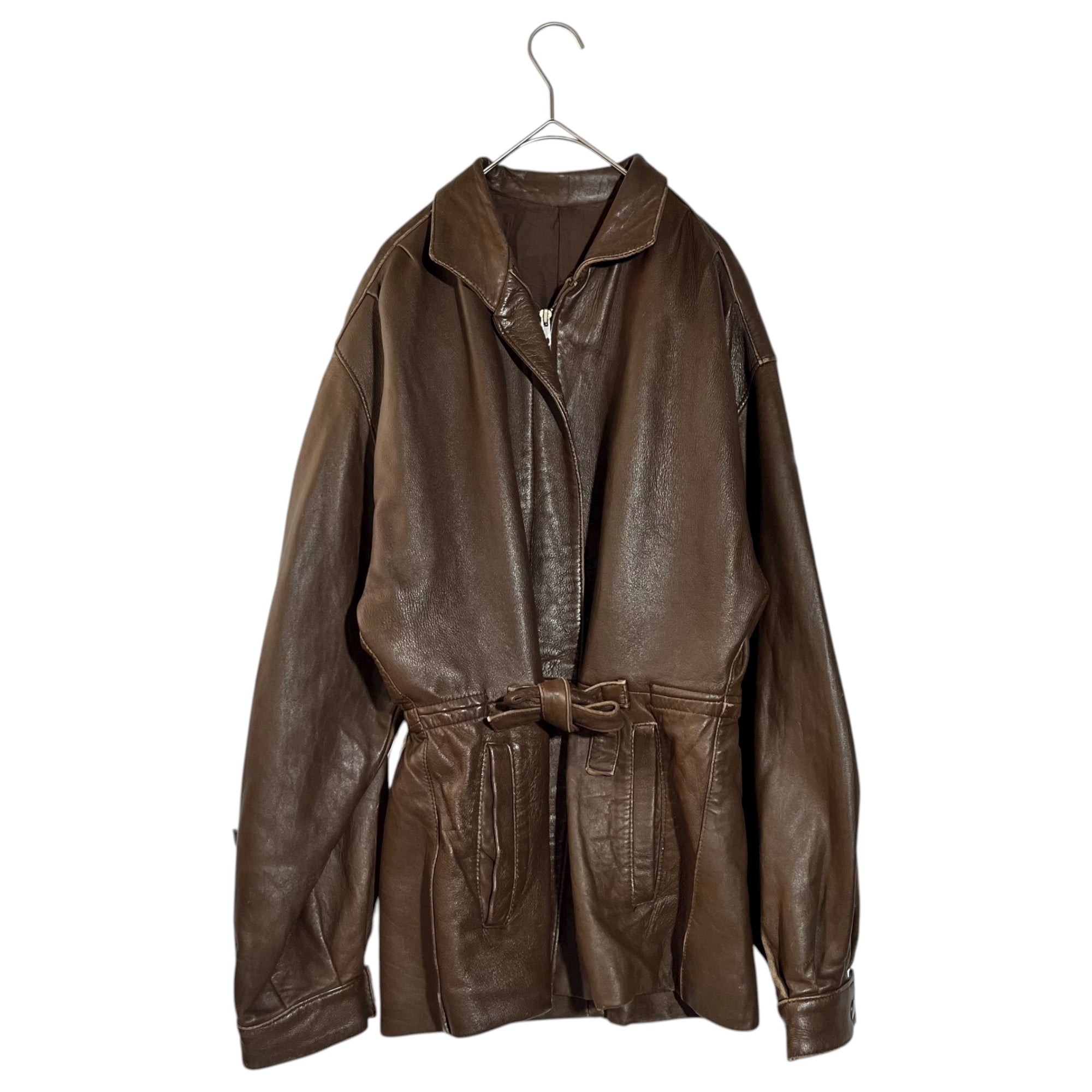 Euro vintage(ヨーロッパヴィンテージ) brown leather front ribbon design jacket フロントリボン付きブラウンレザージャケット 表記無し(M~L程度) ブラウン