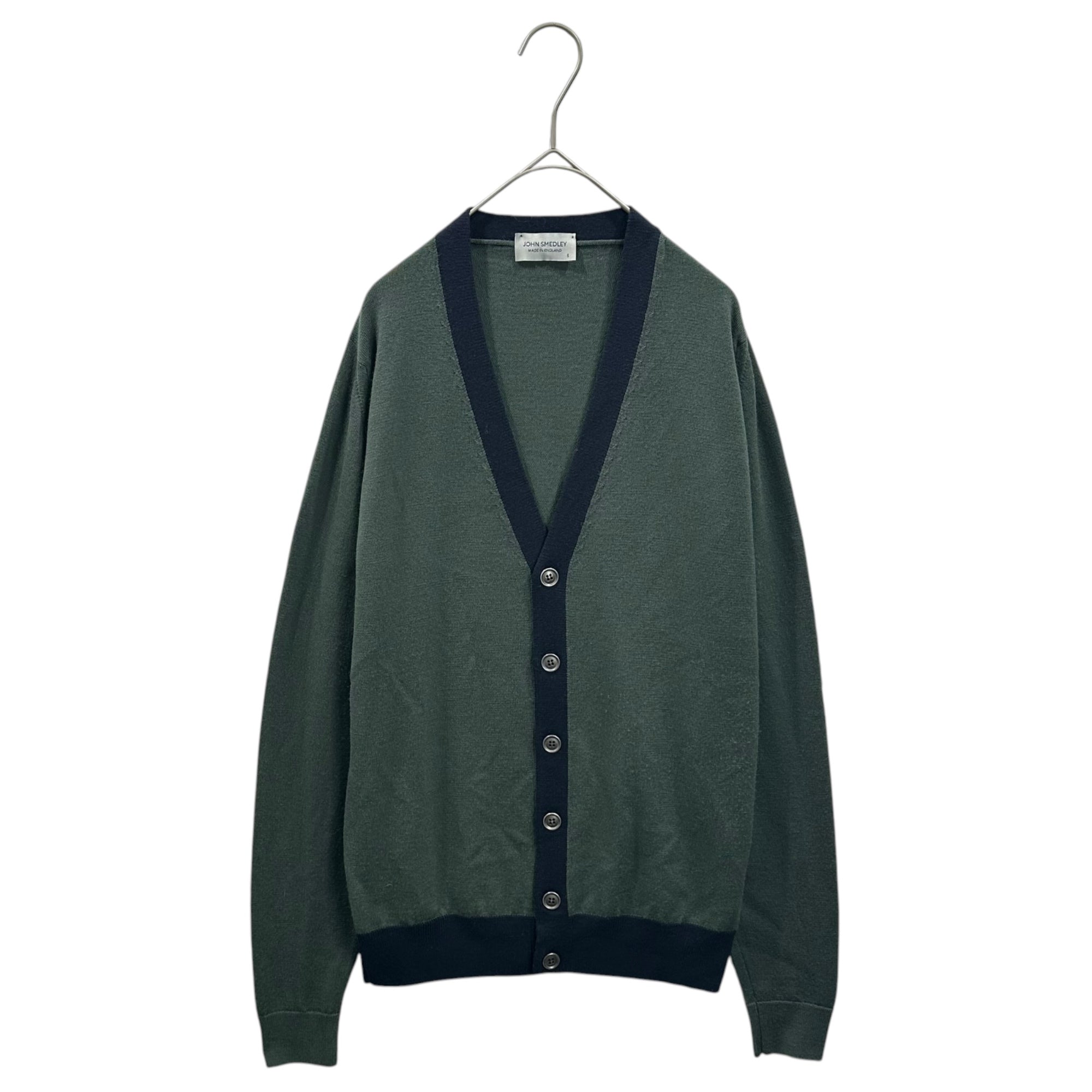 JOHN SMEDLEY(ジョンスメドレー)  V-neck stitch design cardigan Vネック ステッチ デザインカーディガン S ダークネイビー×モスグリーン Made In England イングランド製