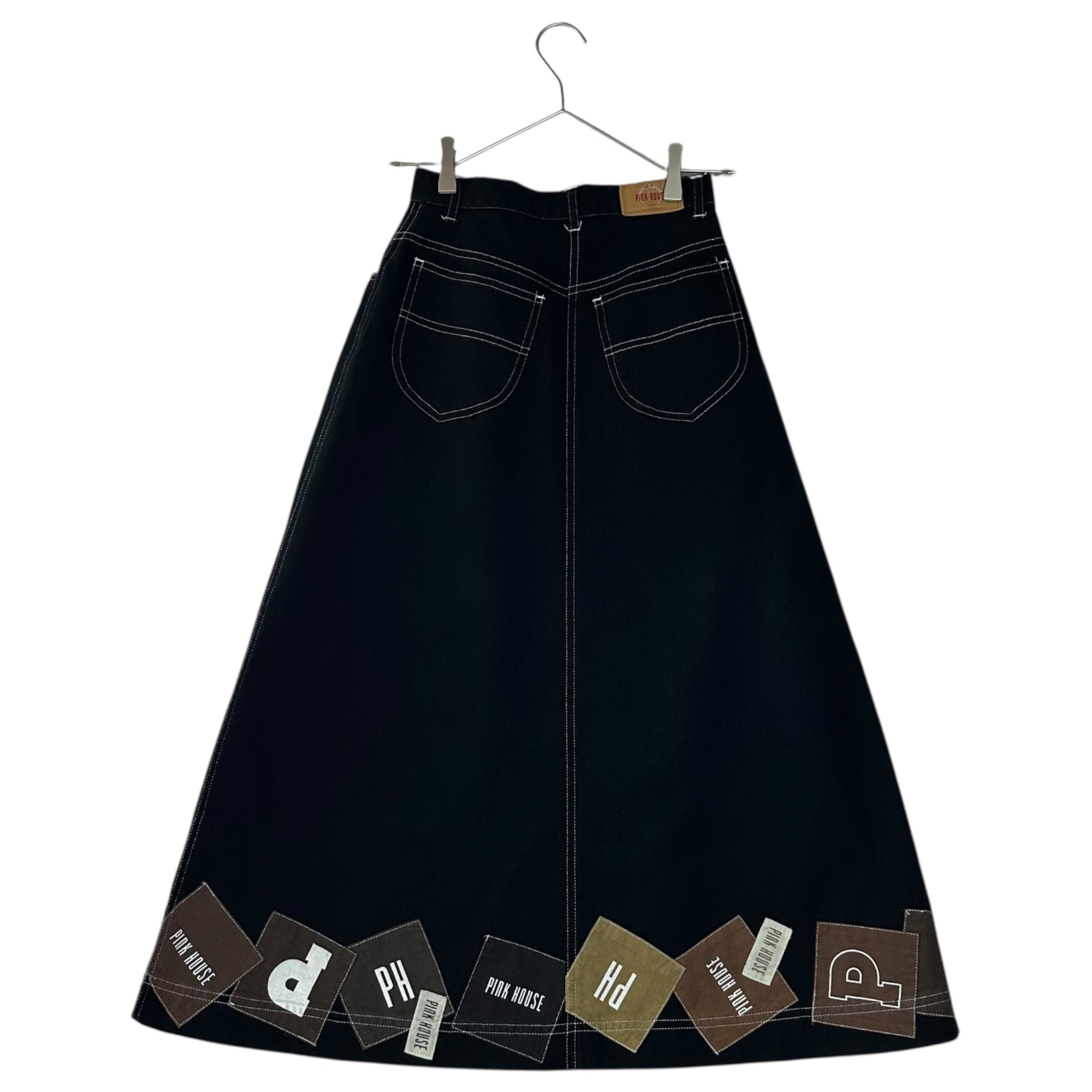 PINK HOUSE(ピンクハウス) 00's Logo Patchwork Long Denim Skirt ロゴ パッチワーク ロング デニム スカート 表記無(S程度) ブラック ワッペン マキシ