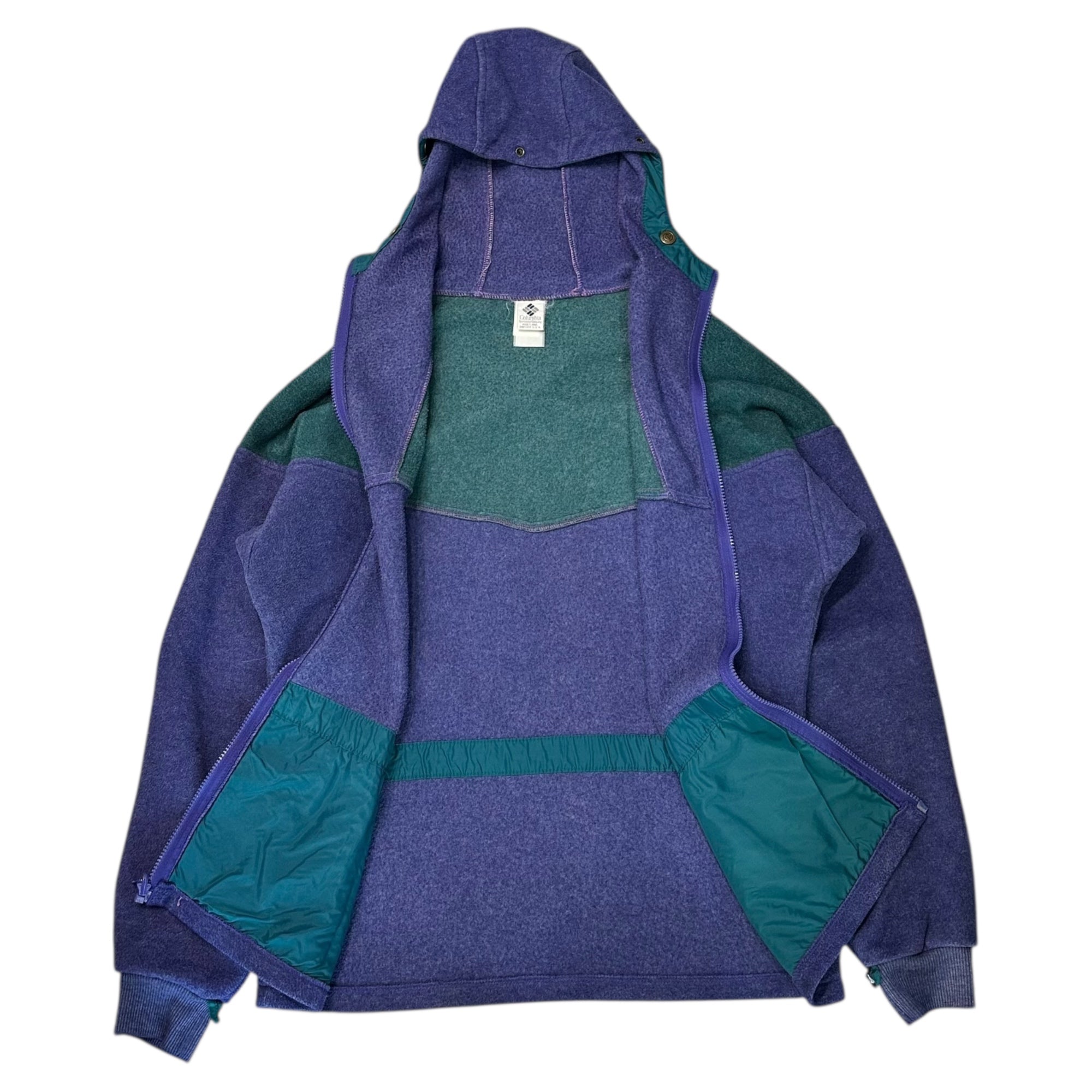 Columbia(コロンビア) 80's～90’s USA made Liner Hooded Fleece Jacket ライナー フーデッド フリース ジャケット 表記消(XL程度) パープル×グリーン 80年代～90年代 ヴィンテージ