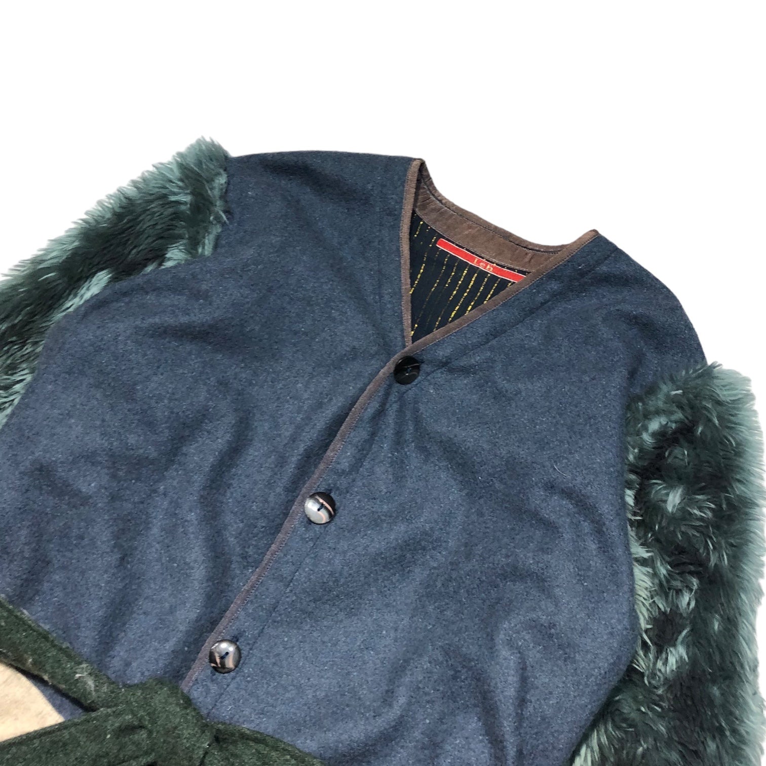 leh(レー) Remake collarless wool coat リメイク ノーカラー ウール コート S ブルー ファー