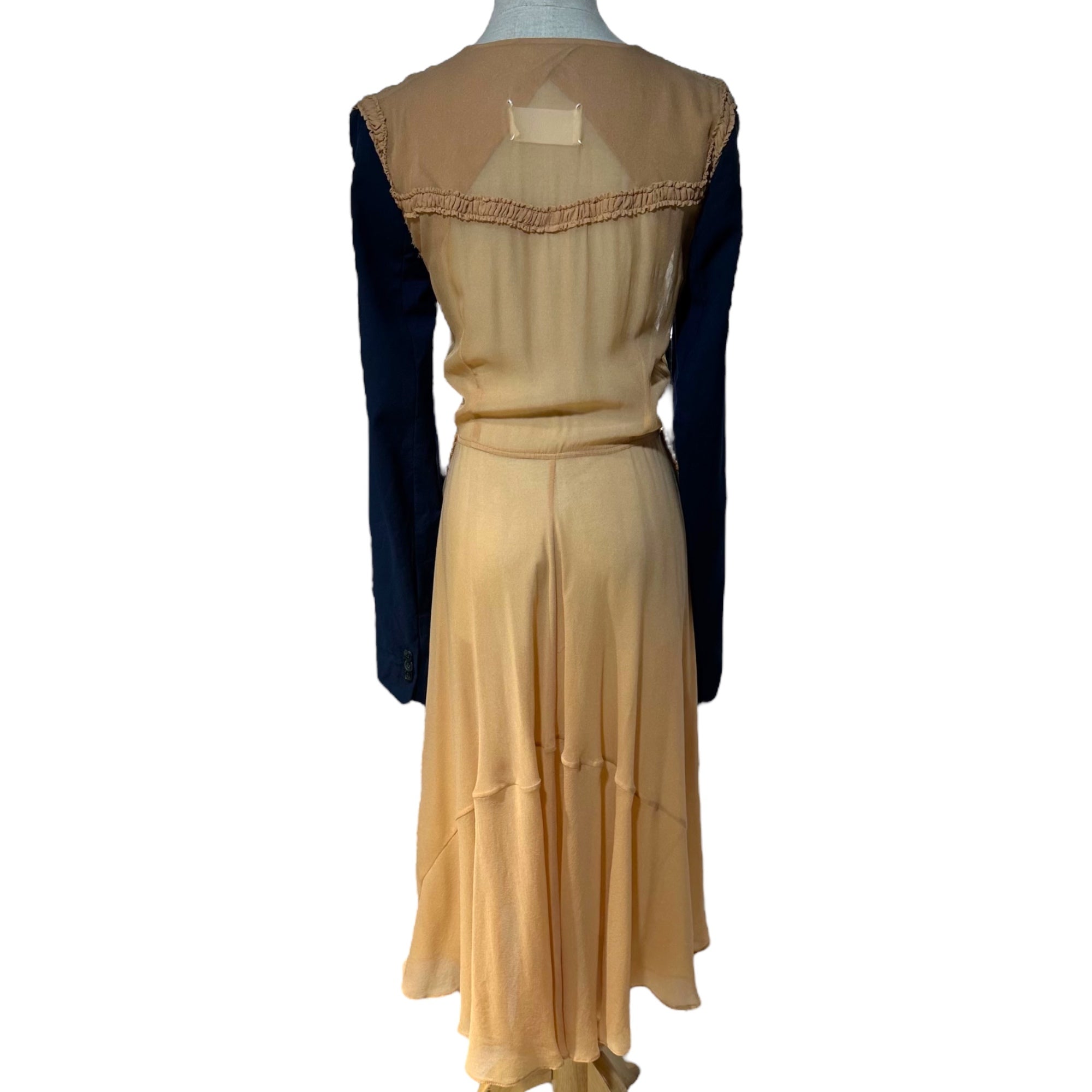 MAISON MARGIELA(メゾンマルジェラ) 21SS Co-Ed Tailored Sleeve Sheer Frill Dress テーラード スリーブ シアー フリル ドレス 表記無(40程度) ベージュ×ネイビー 白タグ