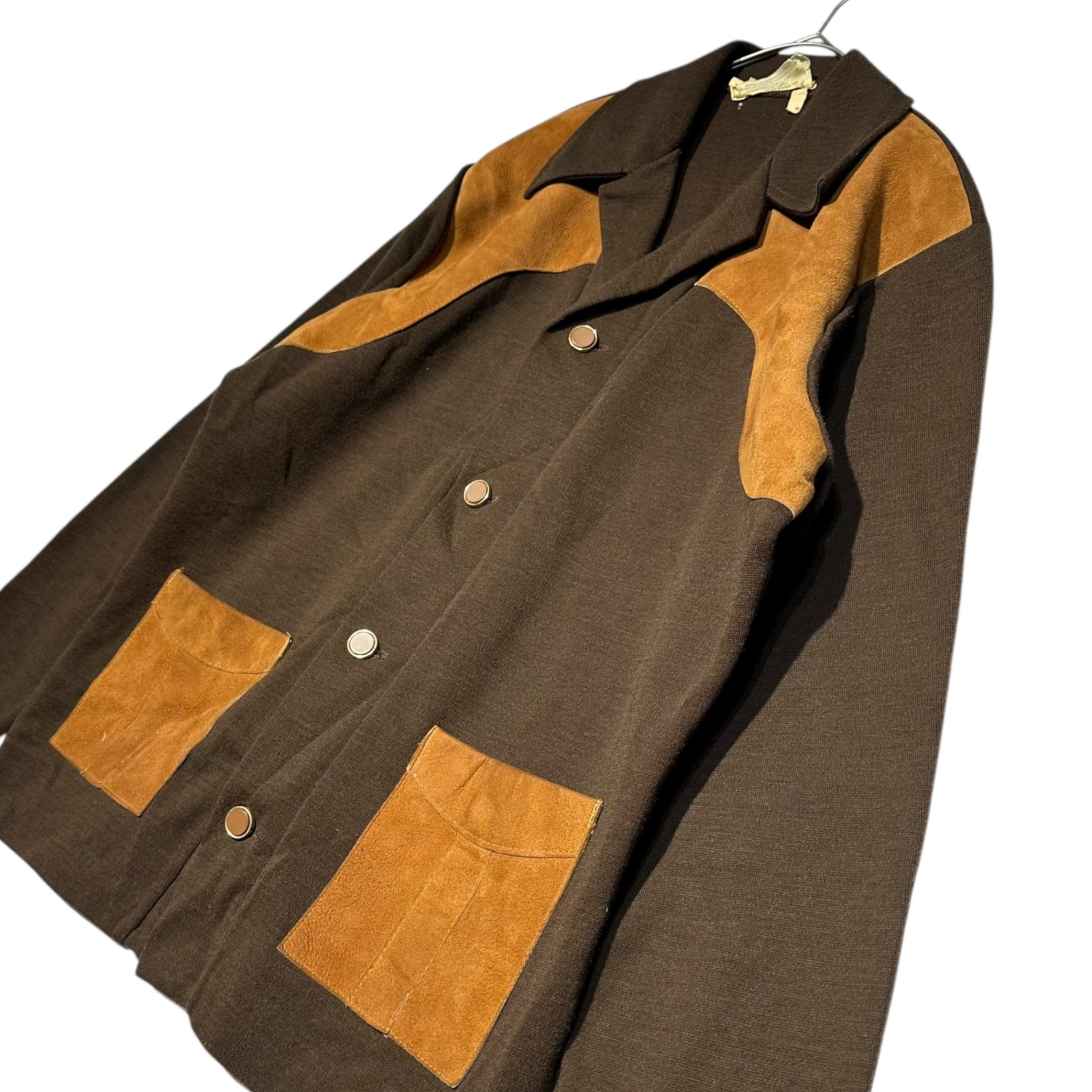TUNDRA(ツンドラ) 70’s Suede-trim Knit Shirt Jacket スウェード 切替 ニット シャツ ジャケット M ブラウン 70年代 ヴィンテージ