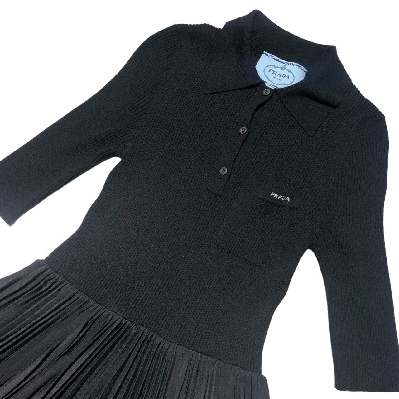 PRADA(プラダ) 20SS Chest logo knit polo pleated dress 胸ロゴ ニットポロ プリーツ切替 ワンピース P3E34 38(M～L) ブラック