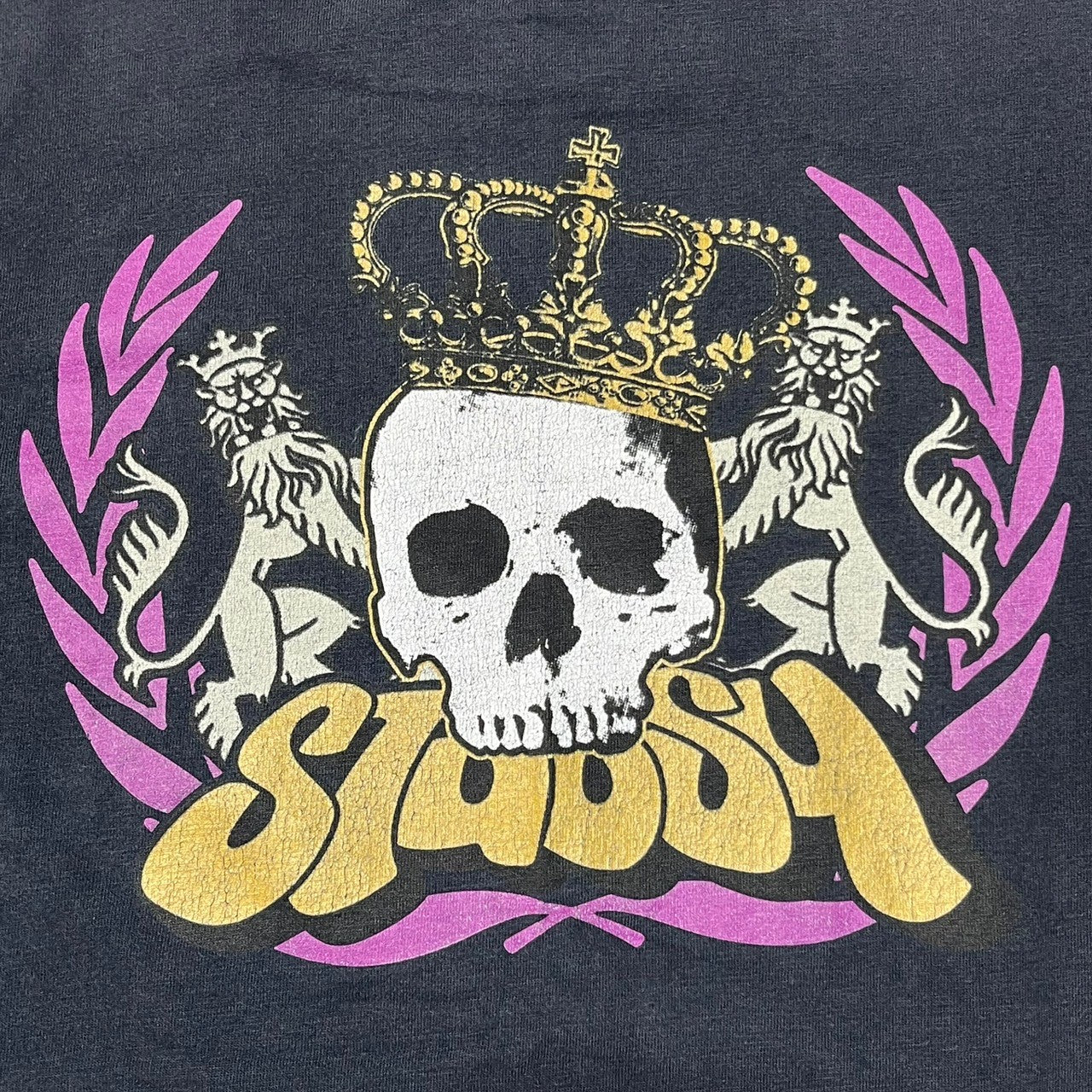 STUSSY(ステューシー) 90's~00's crown skull 王冠 スカル バックプリント Tシャツ 紺タグ SIZE M  ネイビー×ホワイト×ゴールド 90～00年代 OLD STUSSY