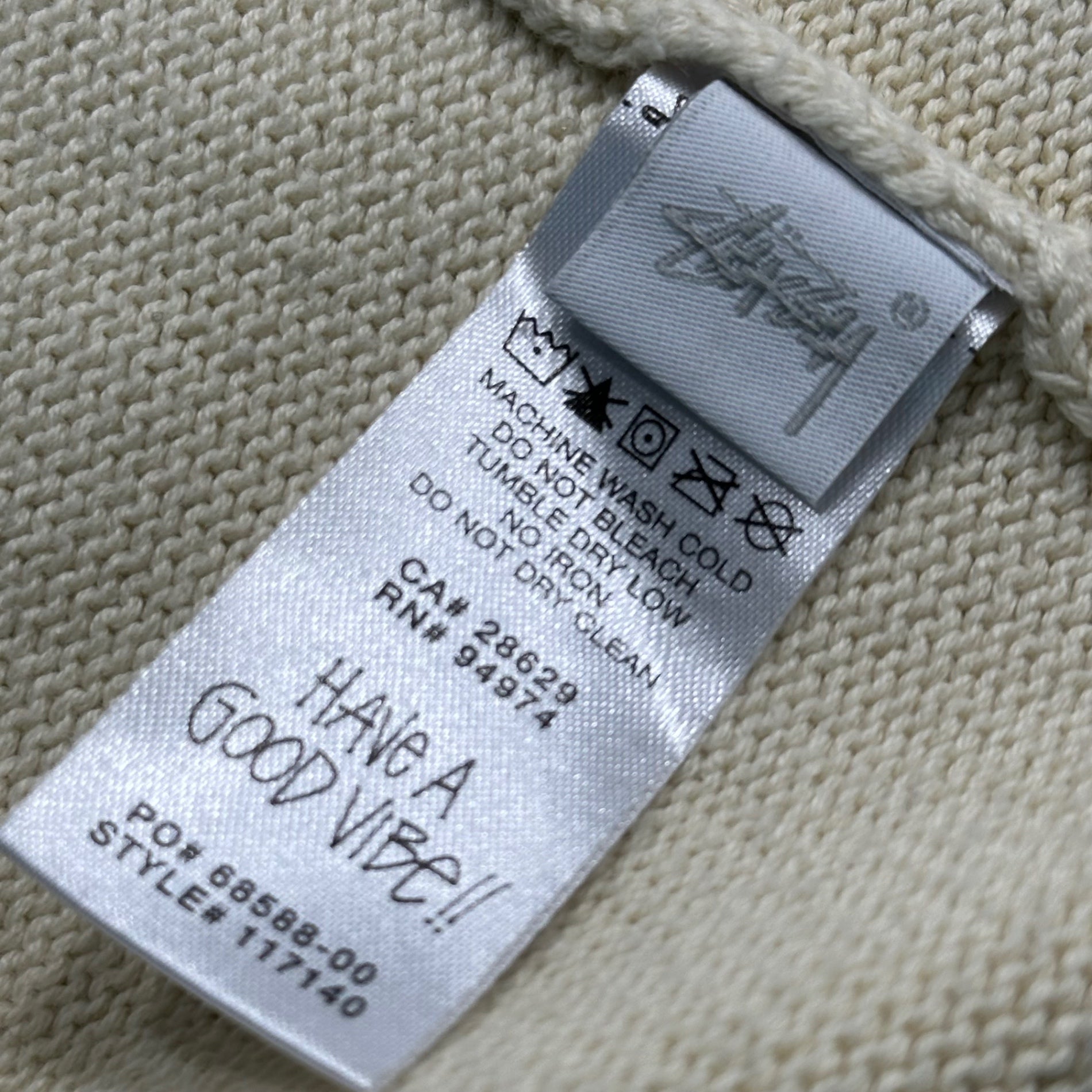 STUSSY(ステューシー) 22AW Care Label Sweater ケア ラベル セーター S グリーン×ホワイト クルーネック ロゴ ニット コットン