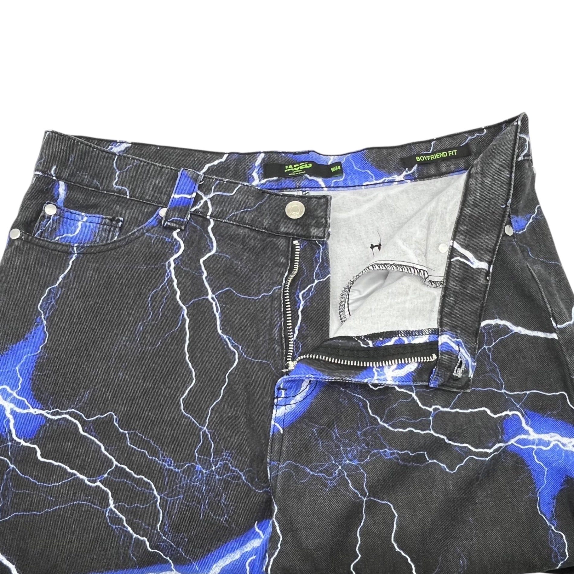 JADED LONDON(ジェイデッドロンドン) LIGHTNING BOLT PRINT JEANS ライトニング プリント デニム パンツ W34 ブラック×ブルー 雷