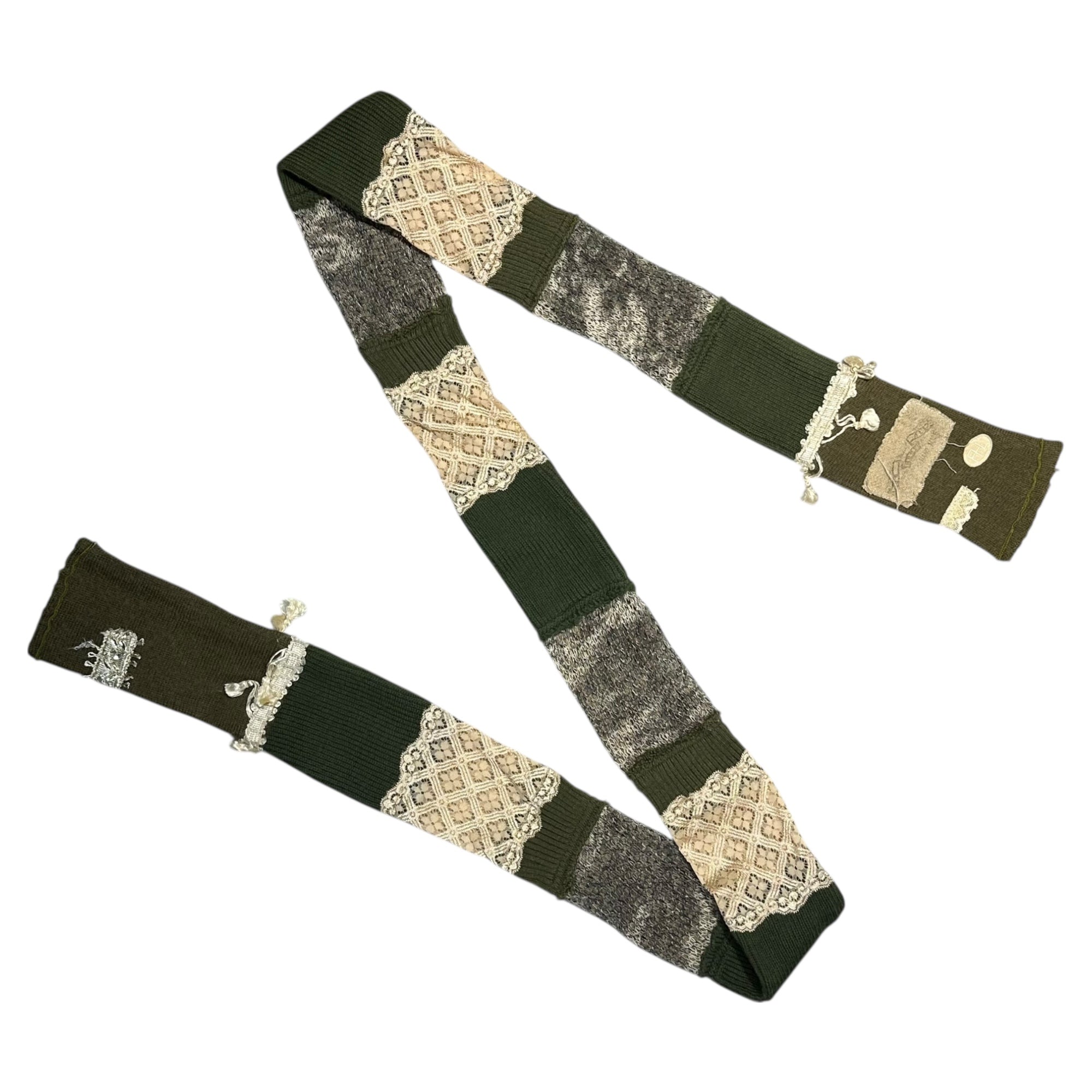 RehersalL(リハーズオール) Vintage lace-decorated scarf 古着リメイク レース 装飾 マフラー カーキ×アイボリー