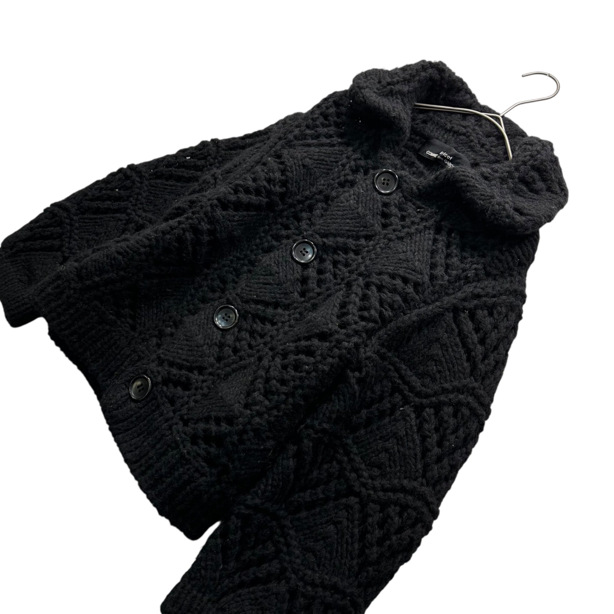 tricot COMME des GARCONS(トリココムデギャルソン) 08AW Hand-knitted Loose-knit Short-length Jacket with Oversized 手編み ローゲージ ニット デカボタン ショートレングス ジャケットButtons  TB-N017 FREE ブラック AD2008 男性着用可能