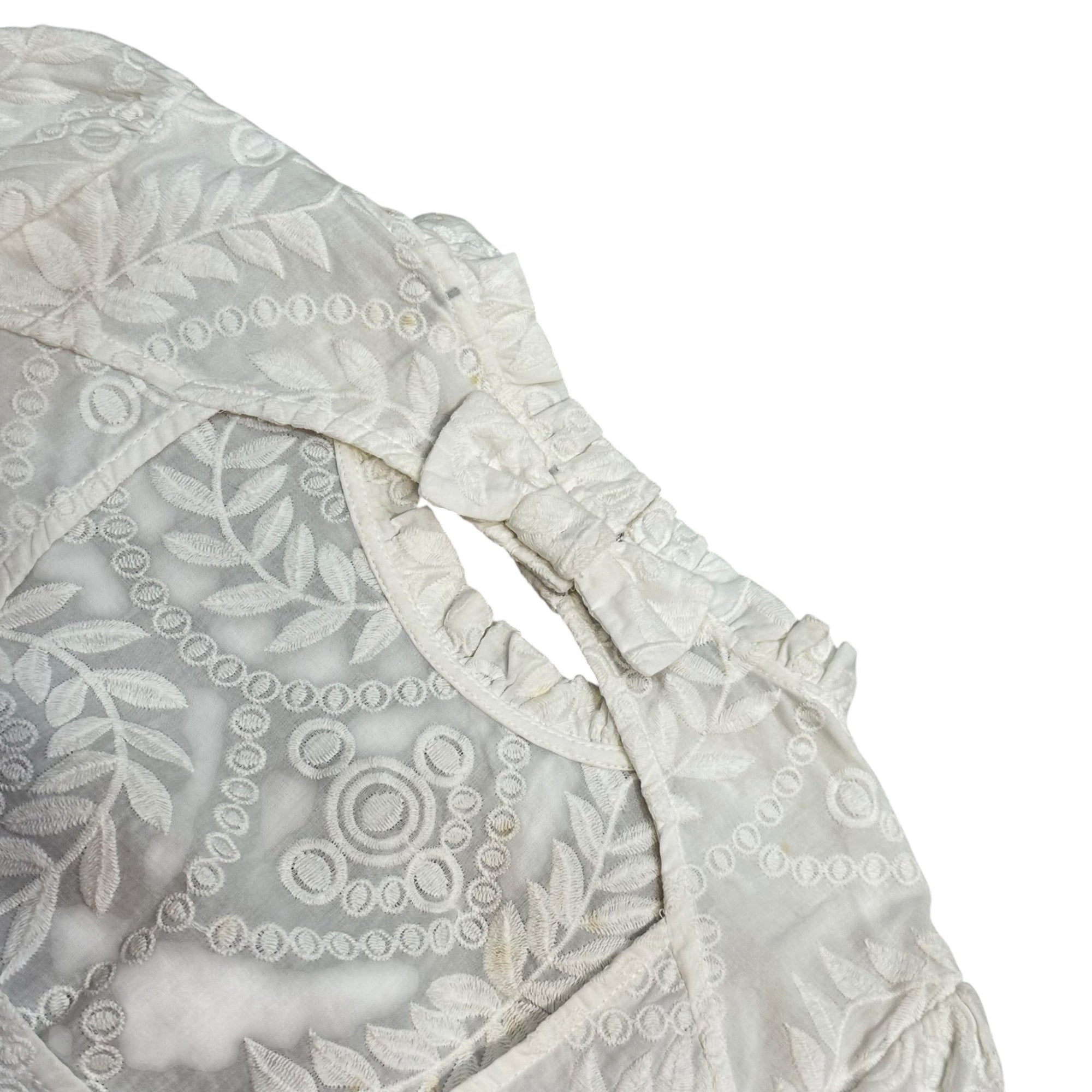 Euro vintage(ヨーロッパヴィンテージ) 70's~white embroidered frill high neck open back design blouse バックリボンデザインの総刺繍デザインブラウス Lサイズ程度 ホワイト