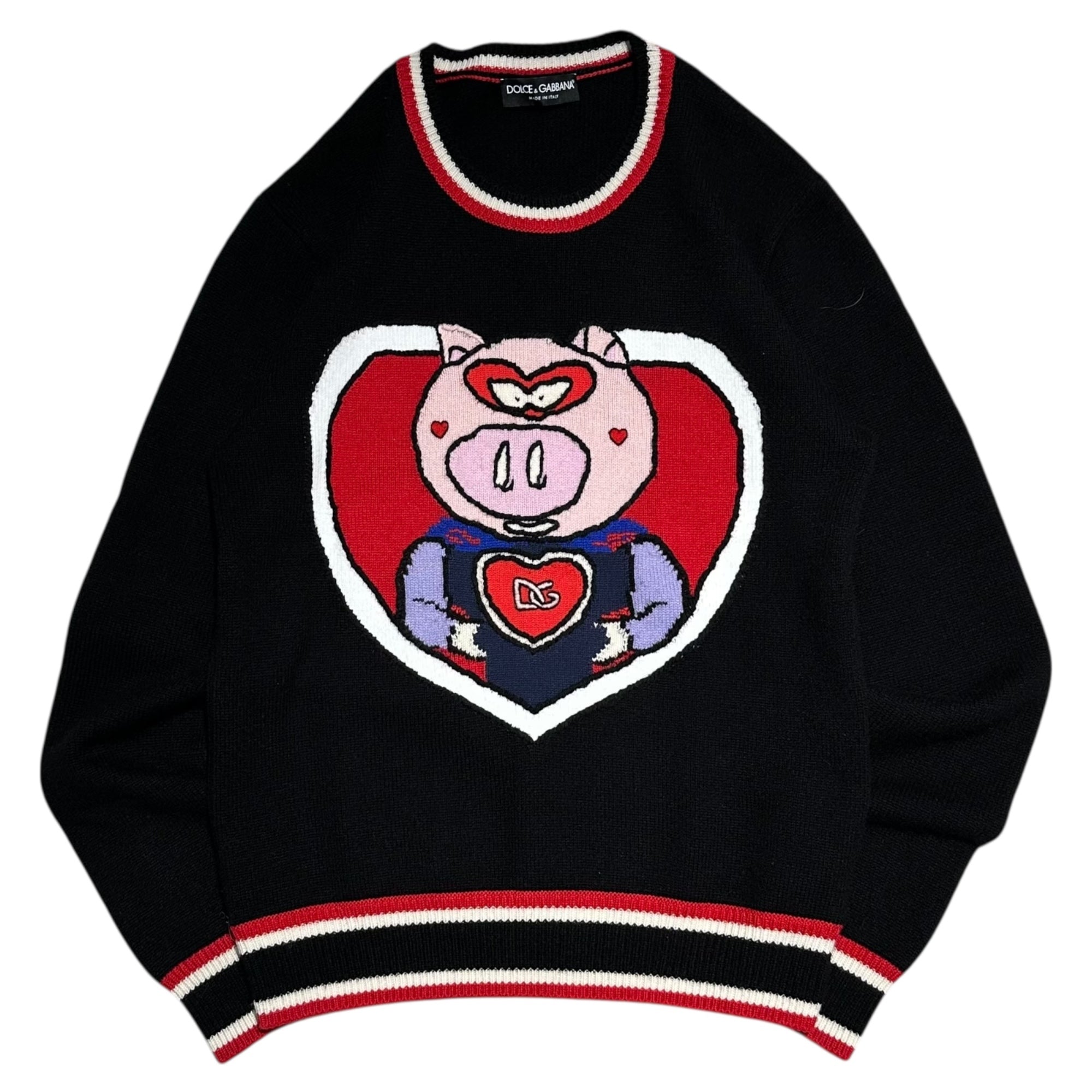 DOLCE&GABBANA(ドルチェ&ガッバーナドルガバ) Pig of the Year cashmere knit ピック 刺繍 カシミア クルーネック ニット GX455T JAWKW 48(M程度) ブラック×レッド 豚 ブタ