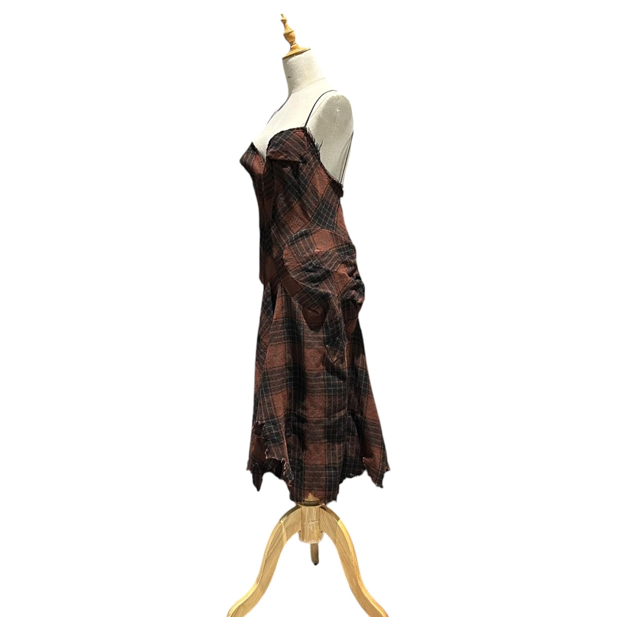JUNYA WATANABE COMME des GARCONS(ジュンヤワタナベコムデギャルソン) 2002AW Raw-Edge Checkered Wool Camisole Dress 切りっ放し チェック ウール キャミソール ワンピース JG-O032 S ブラウン×ブラック AD2002 00s アーカイブ レザー