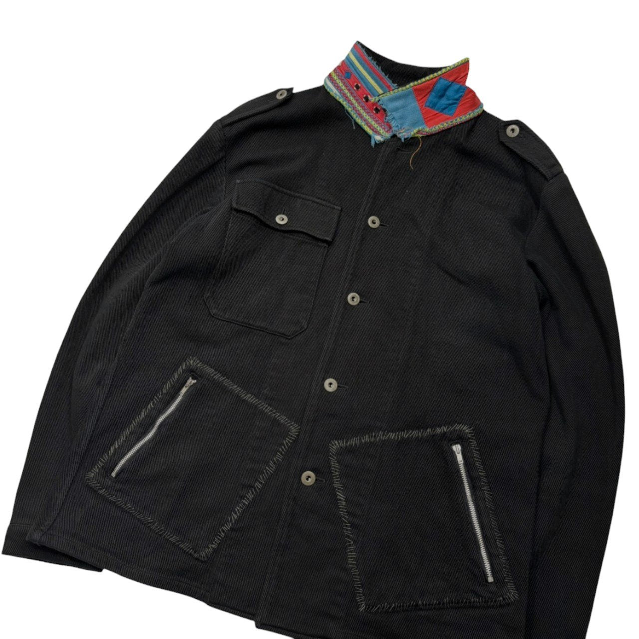 UNDERCOVERISM(アンダーカバイズム) 03SS SCAB Period Afghan Collar Panel Grunge Stitch Jacket SCAB期 襟アフガン切替 グランジ ステッチ ジャケット L ブラック×ブルー 稀少アイテム