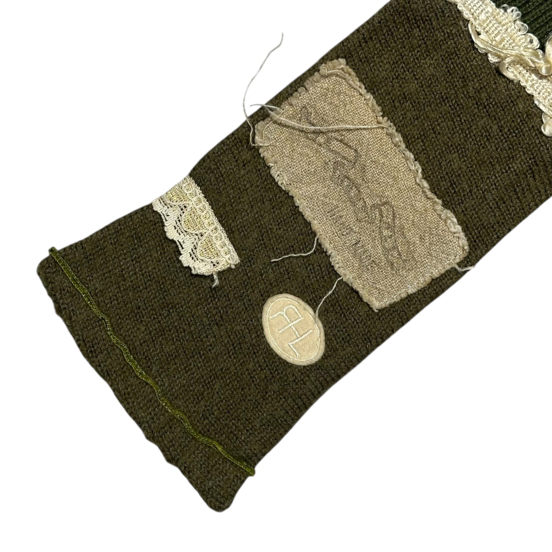 RehersalL(リハーズオール) Vintage lace-decorated scarf 古着リメイク レース 装飾 マフラー カーキ×アイボリー