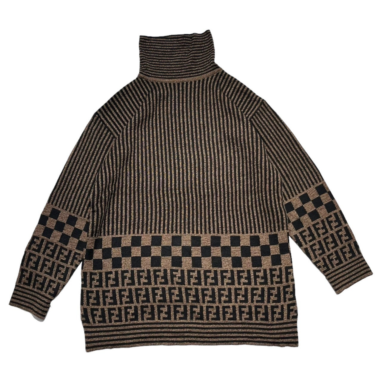 FENDI(フェンディ) 90's  Zucca pattern striped turtleneck knit ズッカ柄 タートルネック ニット 表記無し(M~L程度) ブラウン×ブラック 90年代 ヴィンテージ OLD