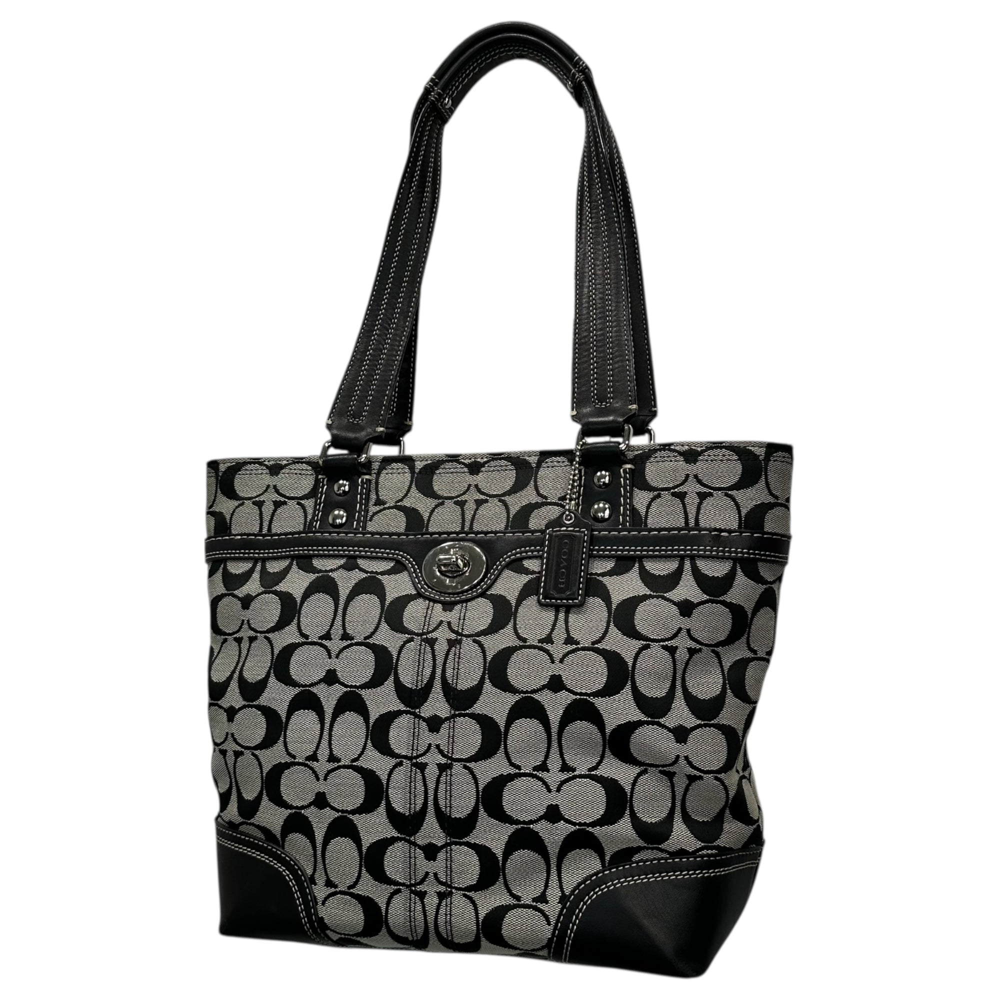 COACH(コーチ) Signature Turnlock Canvas Leather Tote Bag
