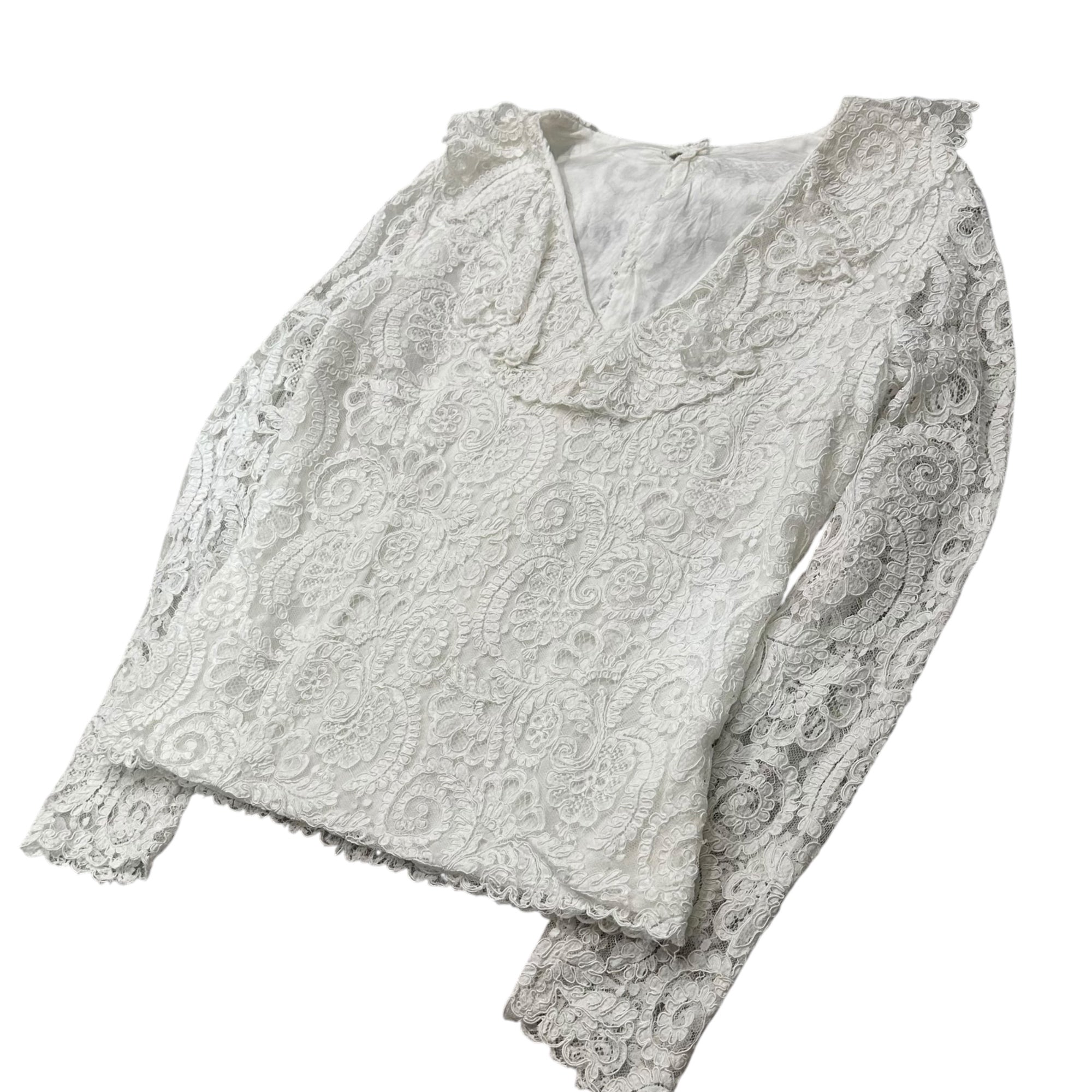 Euro vintage(ヨーロッパヴィンテージ) 70's~ full floral lace v-neck big collar white blouse フローラル総柄レースと大きな襟のVネックブラウス 46(Lサイズ程度)/若干のほつれ有 ホワイト