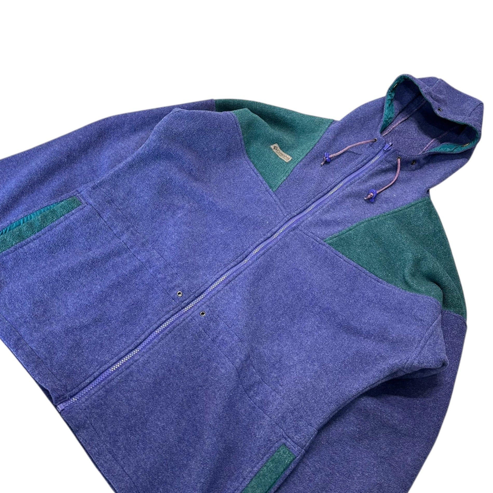 Columbia(コロンビア) 80's～90’s USA made Liner Hooded Fleece Jacket ライナー フーデッド フリース ジャケット 表記消(XL程度) パープル×グリーン 80年代～90年代 ヴィンテージ