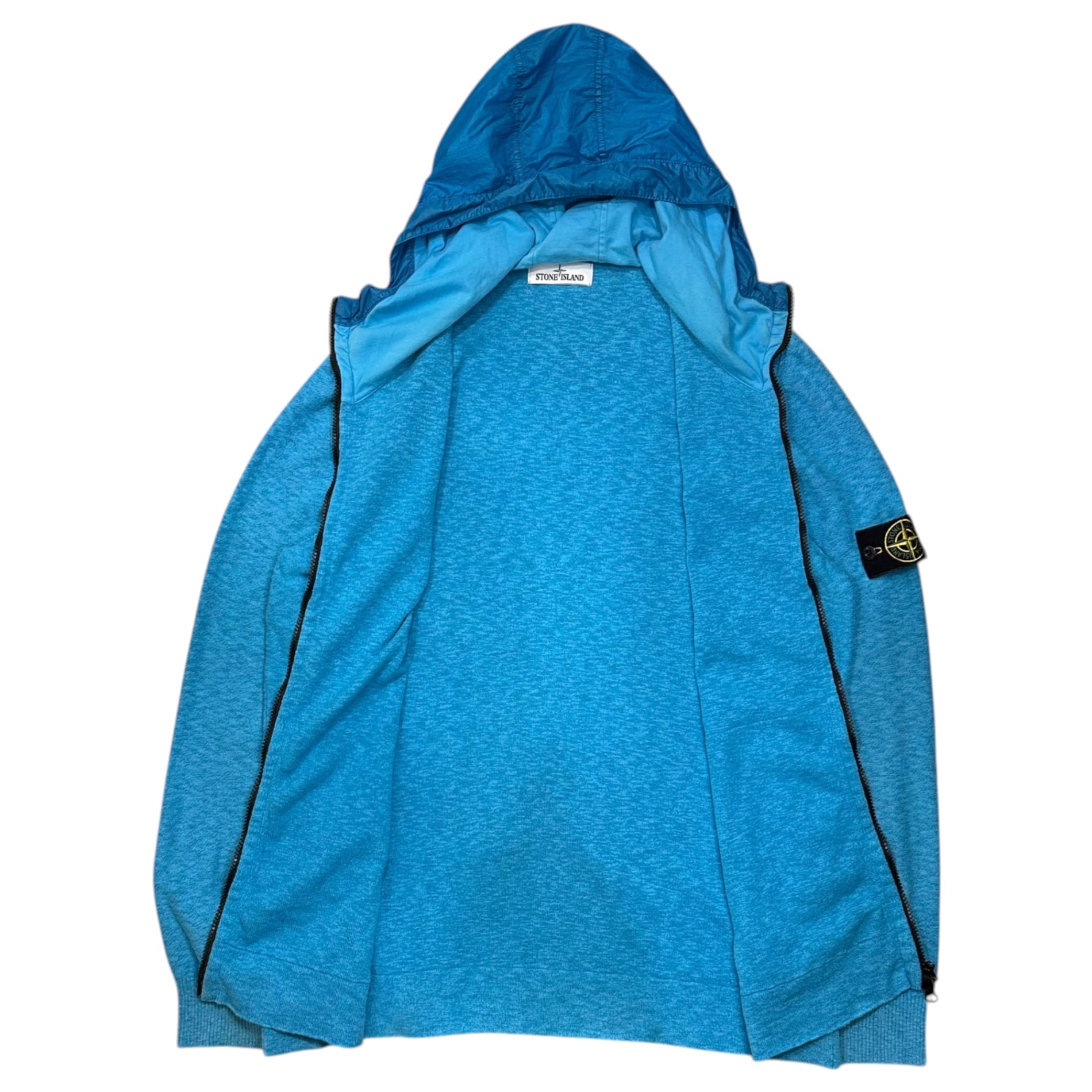 STONE ISLAND(ストーンアイランド) Garment-dyed knit nylon paneled full-zip hoodie ガーメントダイ ニット ナイロン 切替 フルジップ フーディ パーカー XXL ブルー