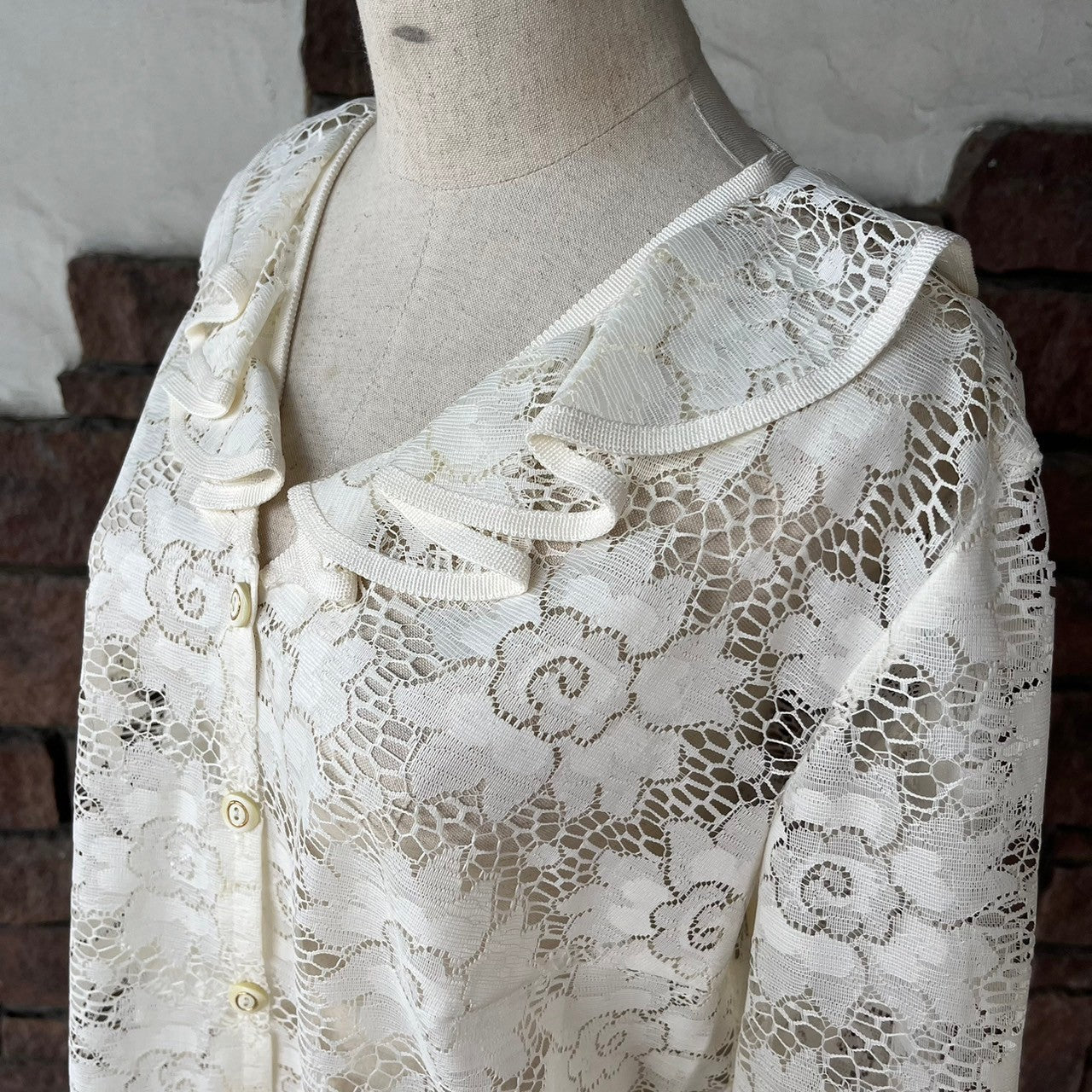 vintage(ヴィンテージ) 80'~90's all lace flower stich frill blouse 総レースのフラワー刺繍ブラウス 表記無し(Lサイズ程度) ホワイト