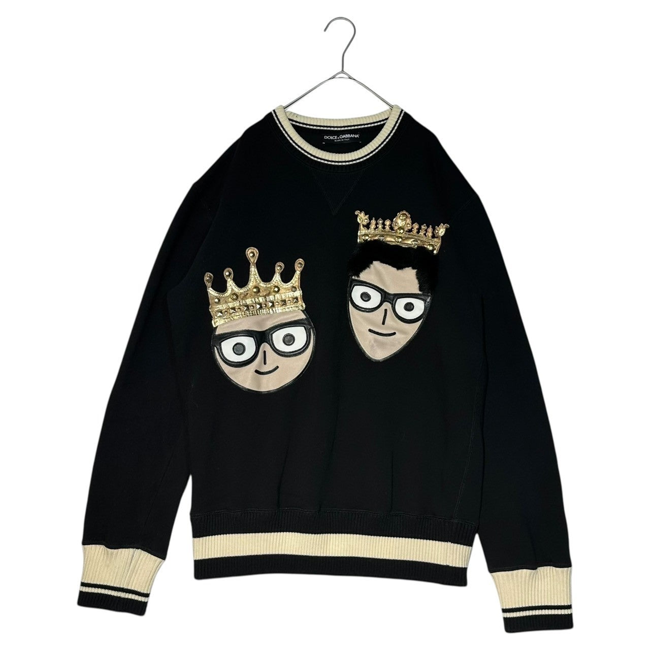 DOLCE&GABBANA(ドルチェ&ガッバーナドルガバ) ”#dgfamily” Face Leather Patch Sweatshirt フェイス レザー ワッペン スウェット  G9JJ6Z G7LSY 46(S程度) ブラック