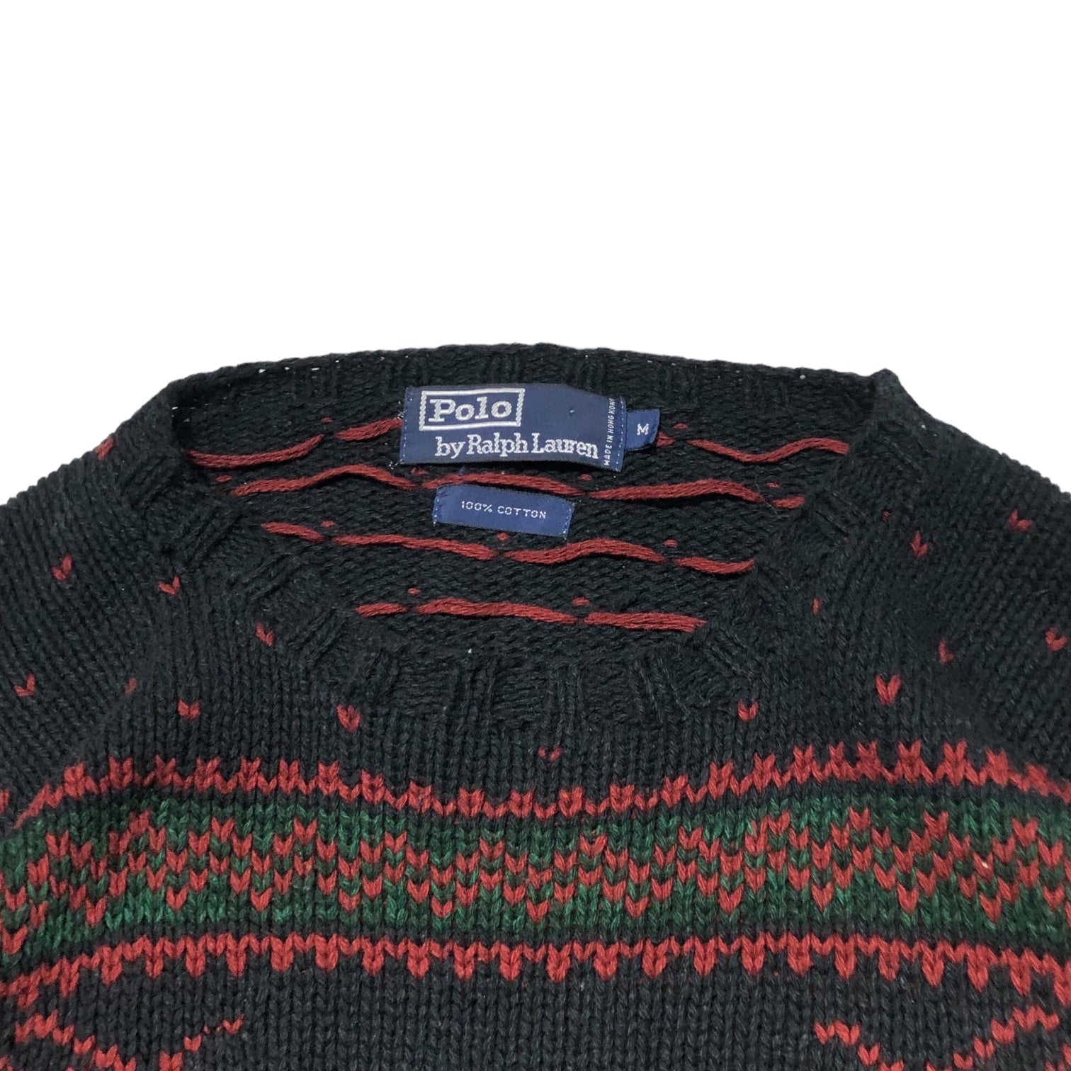 POLO RALPH LAUREN(ポロラルフローレン) 90’s nordic pattern logo knit ノルディック 柄 ロゴ ニット  M ネイビー×レッド 90年代 コットン ヴィンテージ クルーネック