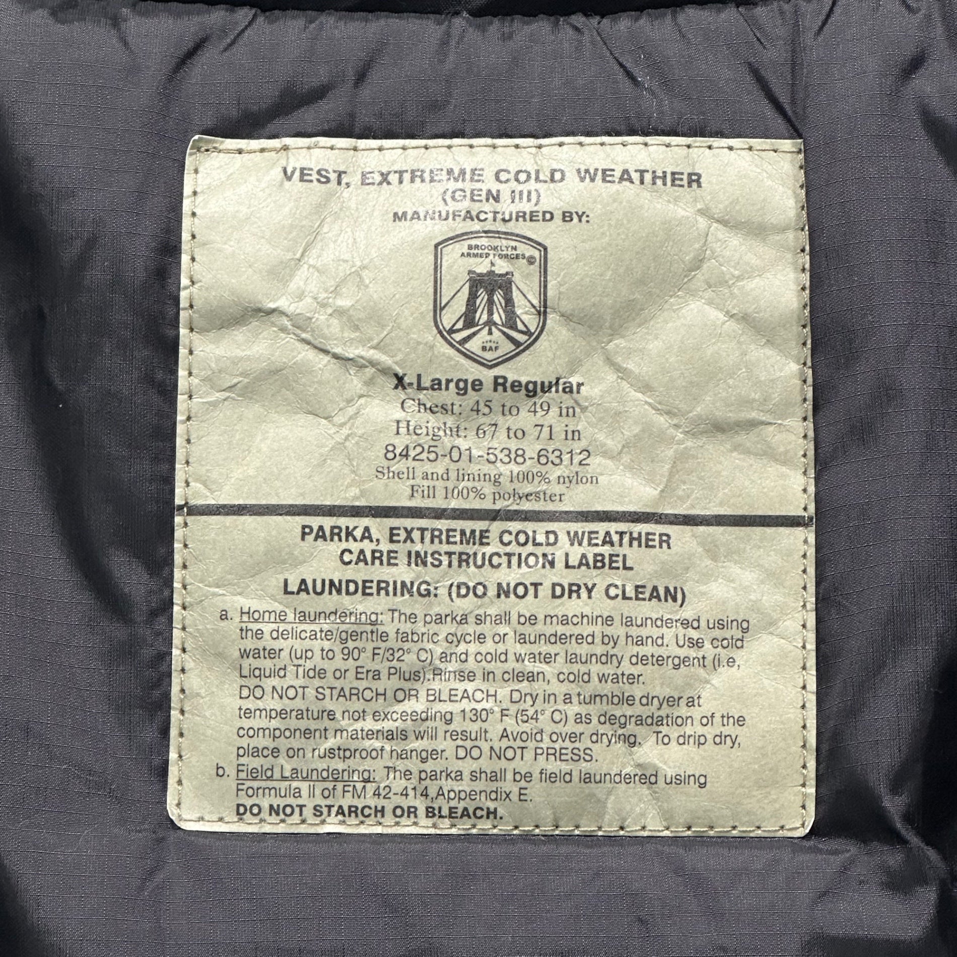 BROOKLYN ARMED FORCES(ブルックリンアームドフォース) ECWCS GEN3 GENERATION 3 LEVEL 7 エクワックス ジェネレーション レベル7 ベスト 8425-01-538-6312 XL ブラック BAF