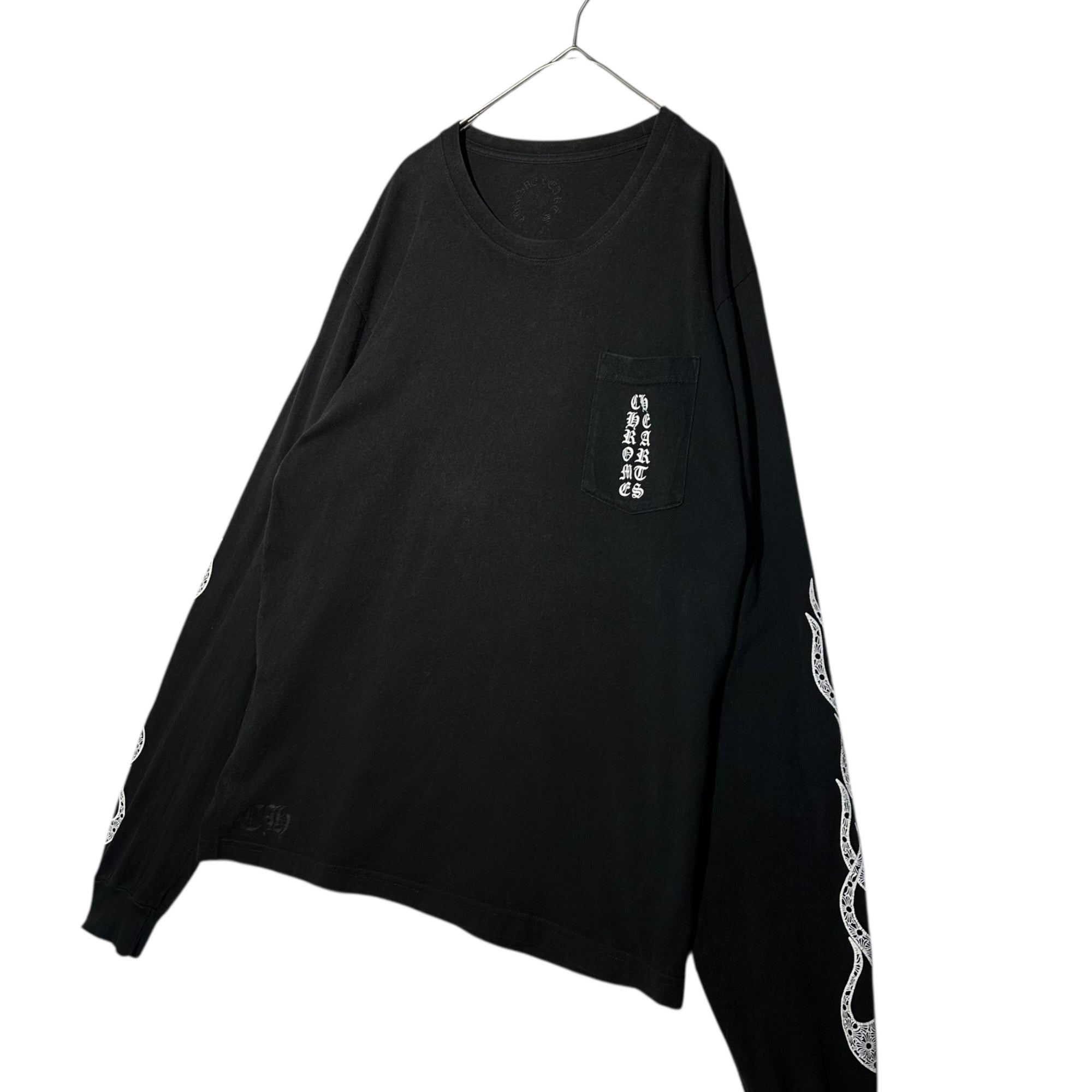 CHROME HEARTS(クロムハーツ) Flame Cross L/S Tee フレイム クロス 長袖 Ｔシャツ 表記消(M程度) ブラック ファイヤー ポケット ロゴ