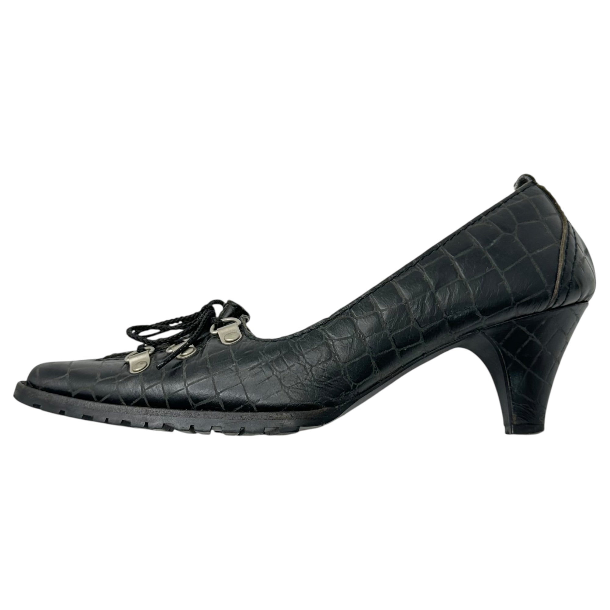 COMME des GARCONS JUNYA WATANABE(コムデギャルソンジュンヤワタナベ) 05AW Crocodile embossed trekking lace-up pointed toe heel pumps クロコ 型押し トレッキング レースアップ ポインテッドトゥ ヒール パンプス L ブラック