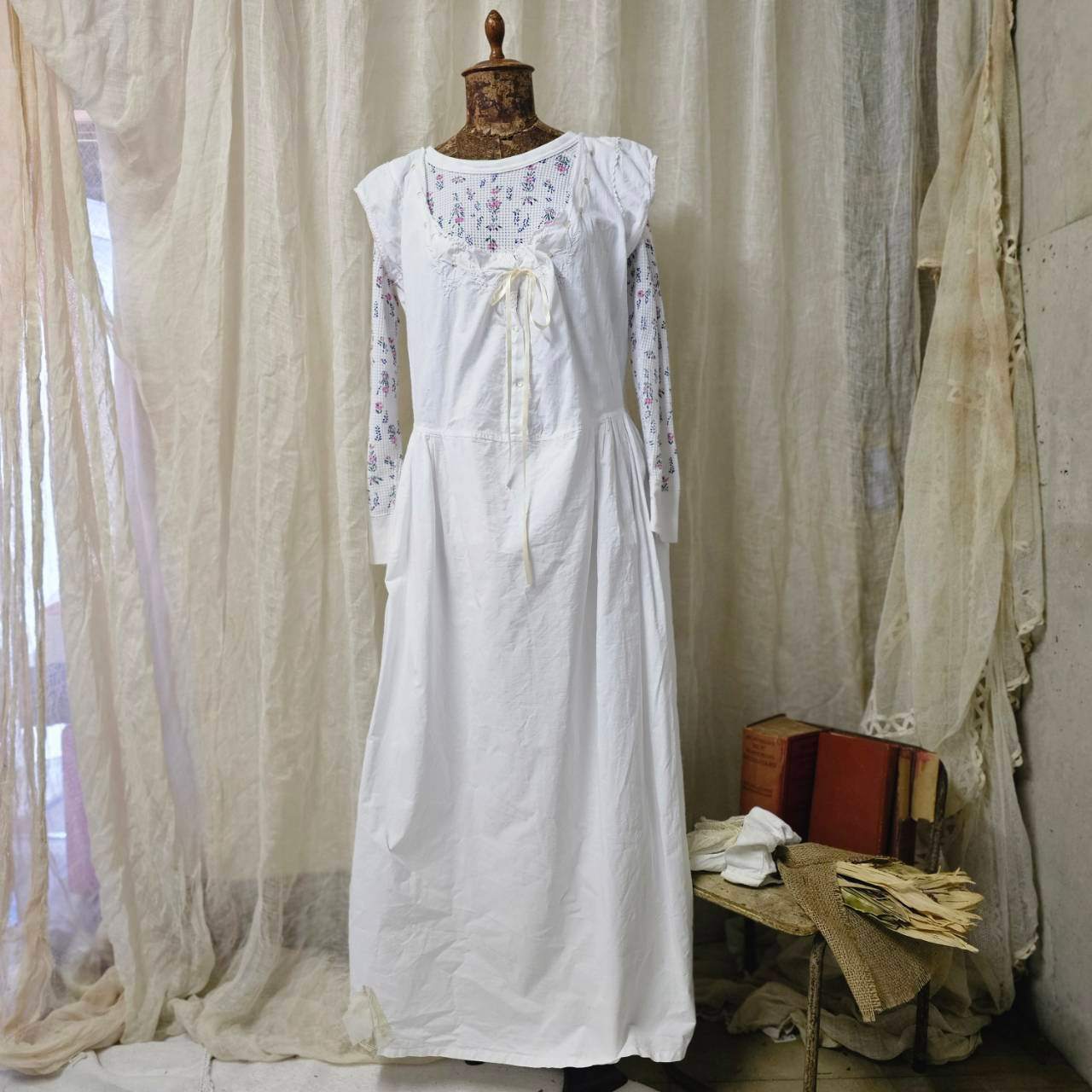 Euro antique(ヨーロッパアンティーク) 20’~30's piping stich remake nighty dress onepiece パイピングリボン付きリメイクコットンナイティドレス /ワンピース 表記無し(M～Lサイズ程度) ホワイト×ペールピンク