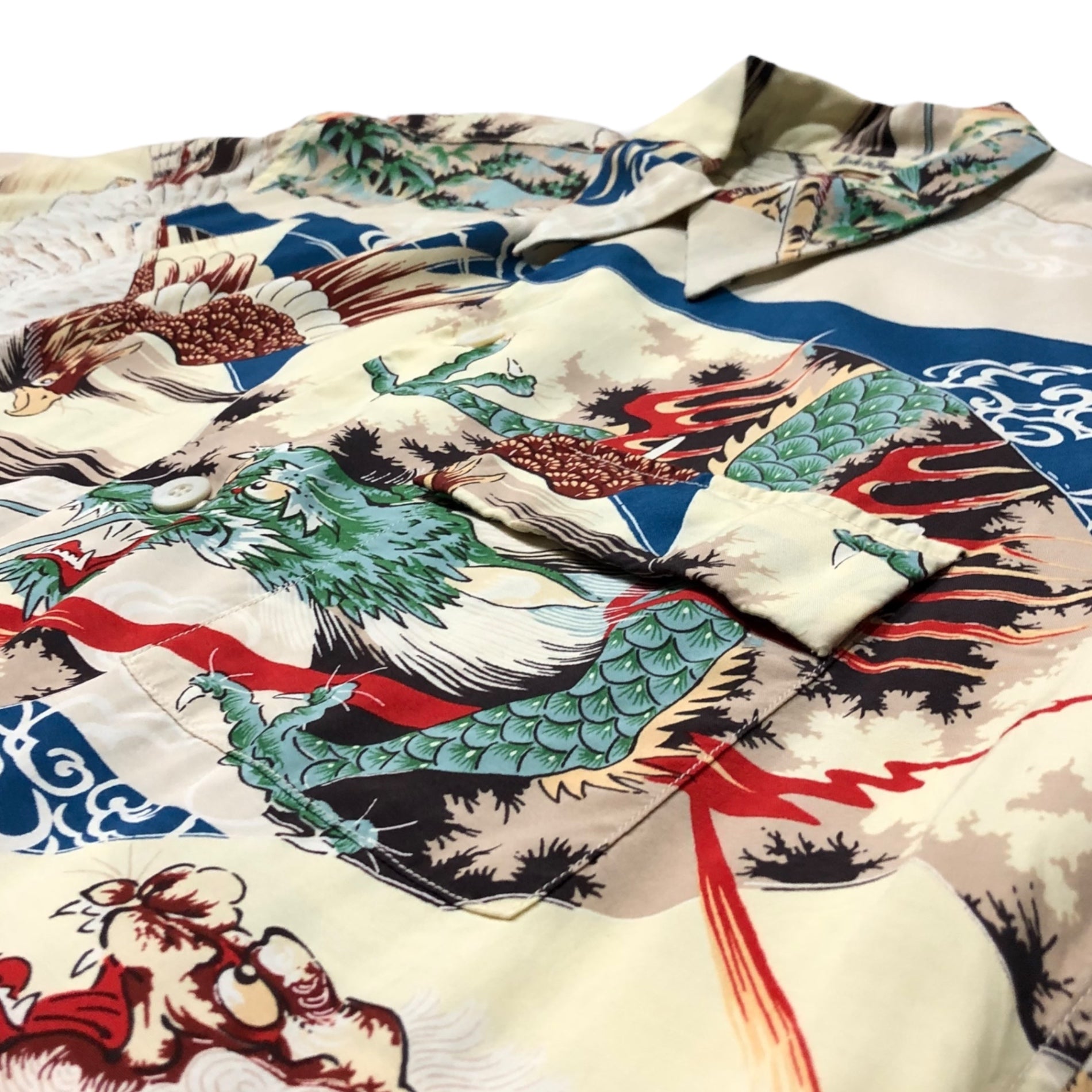 SUN SURF(サンサーフ東洋) RAYON S/S SPECIAL EDITION EAGLE, TIGER, DRAGON ＆ LION  レーヨン アロハ シャツ SS35498 L アイボリー×ネイビー 龍 ドラゴン 虎 タイガー