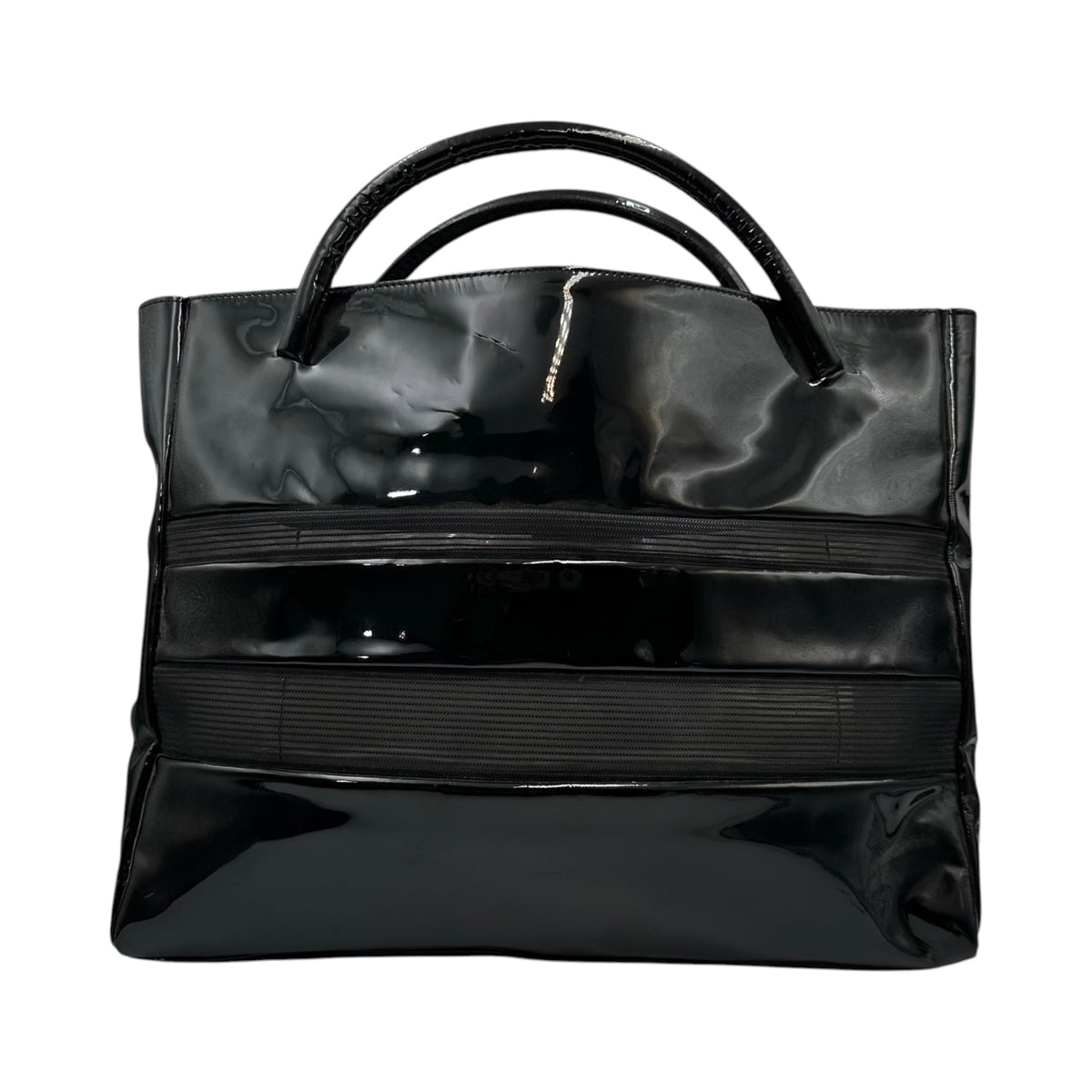 COMME des GARCONS(コムデギャルソン) Mesh-Paneled Patent Handbag メッシュ 切替 パテント ハンドバッグ FREE ブラック