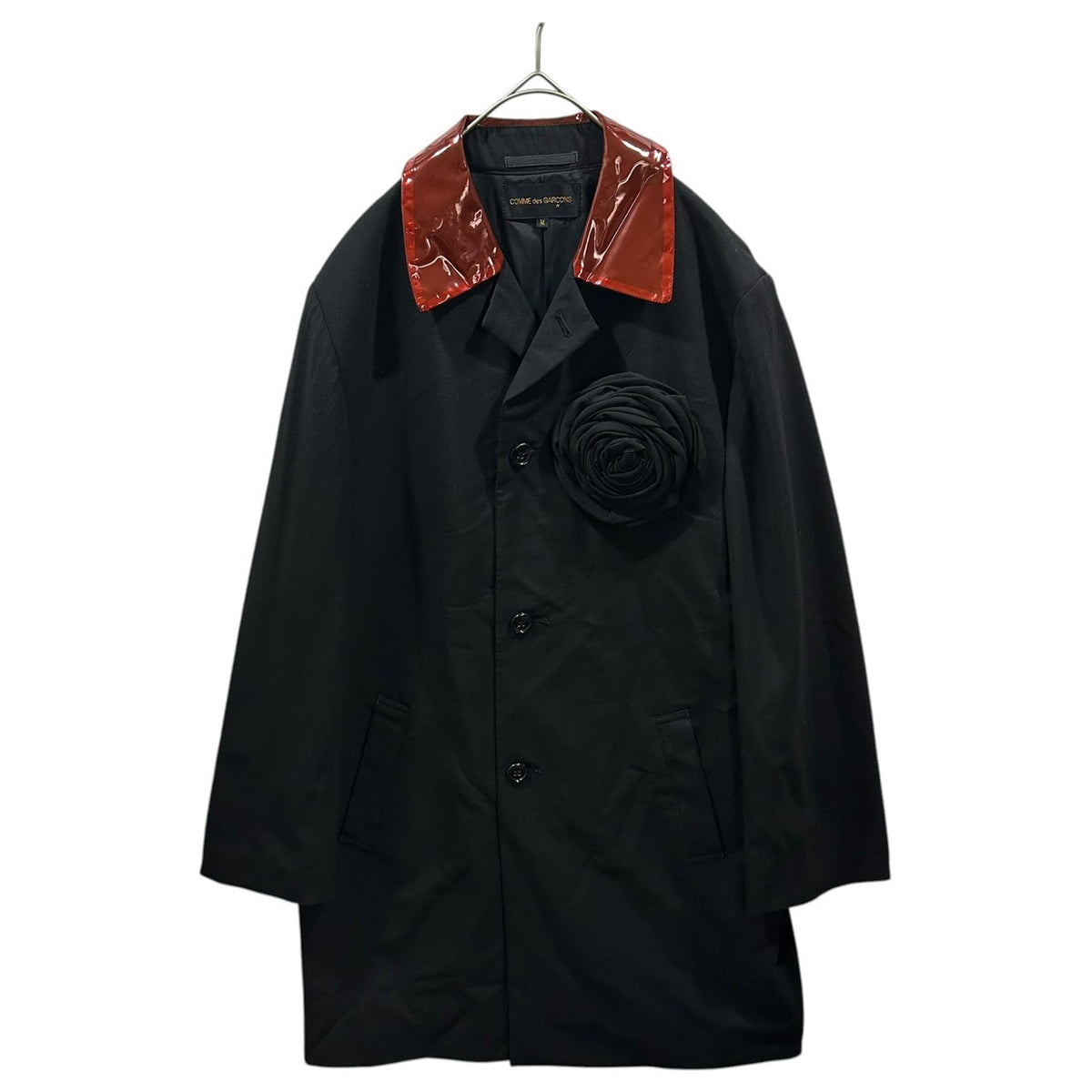 COMME des GARCONS(コムデギャルソン) 1991AW Vinyl-Color Flower-Corsage Wool Long Coat ビニール カラー フラワー コサージュ ウール ロング コート GC-05001M M ブラック×レッド AD1991 90s アーカイブ