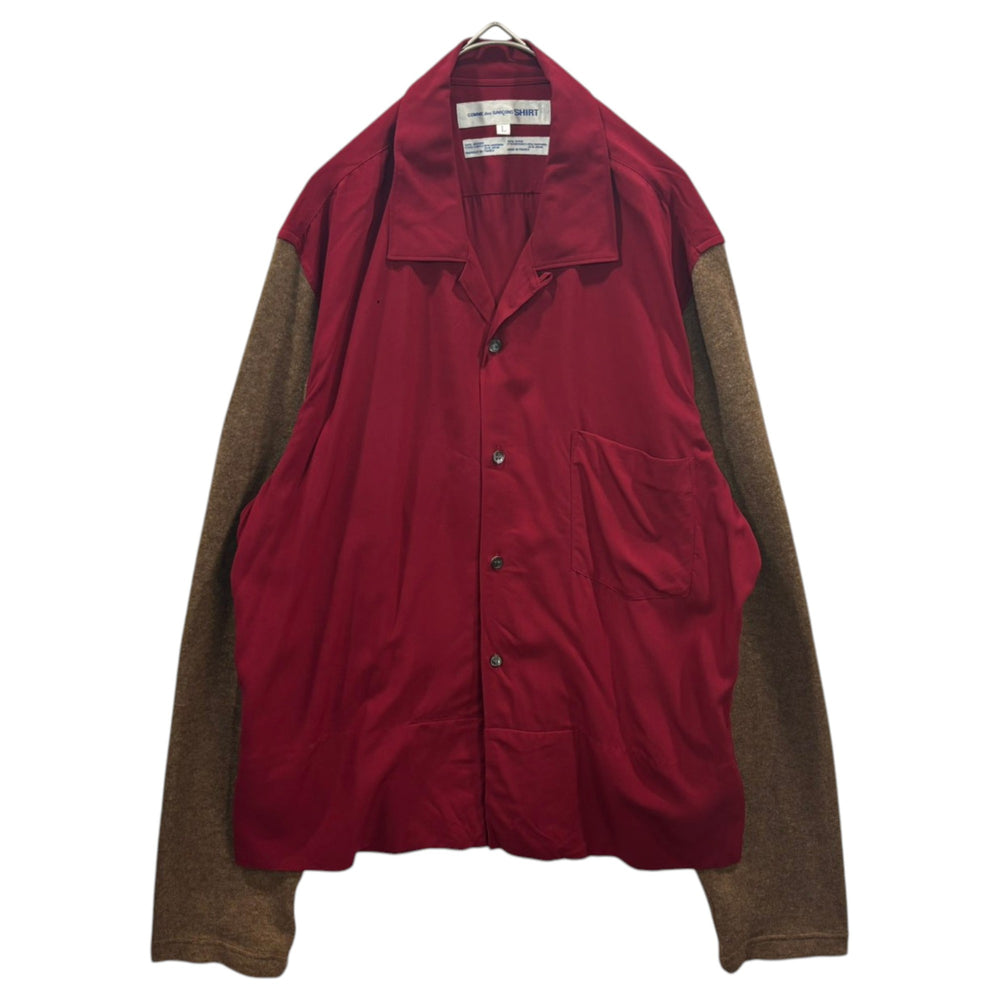 COMME des GARCONS SHIRT(コムデギャルソンシャツ) 1990's Wool-Sleeved Open-Collar Shirt ウールスリーブ オープンカラー シャツ L レッド×ブラウン フランス製