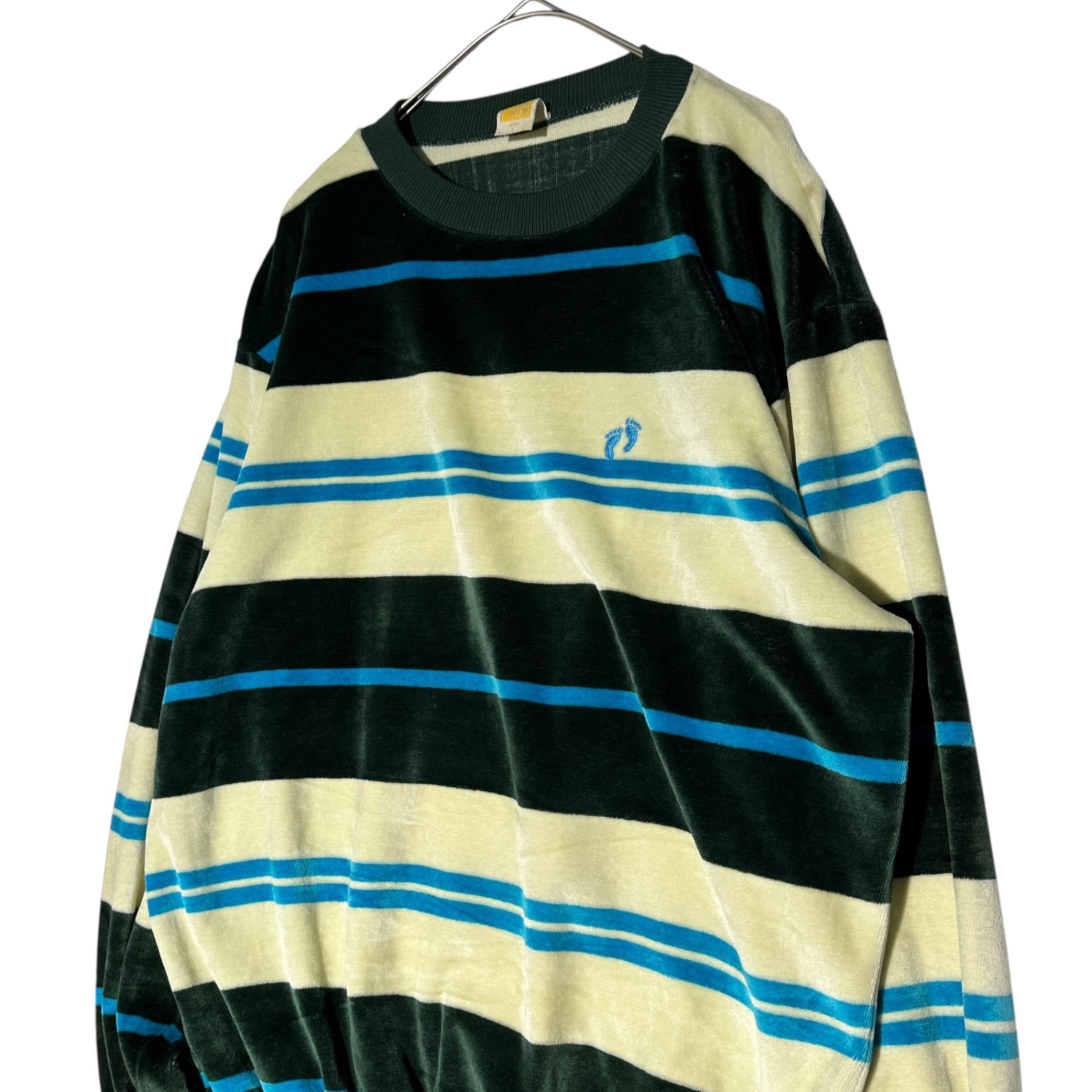 HANG TEN(ハンテン) 70's USA made Border Velour Logo Embroidered Sweatshirt ボーダー ベロア ロゴ 刺繍 スウェット L グリーン×ブルー×ホワイト 70年代～ USA製 オールドサーフ