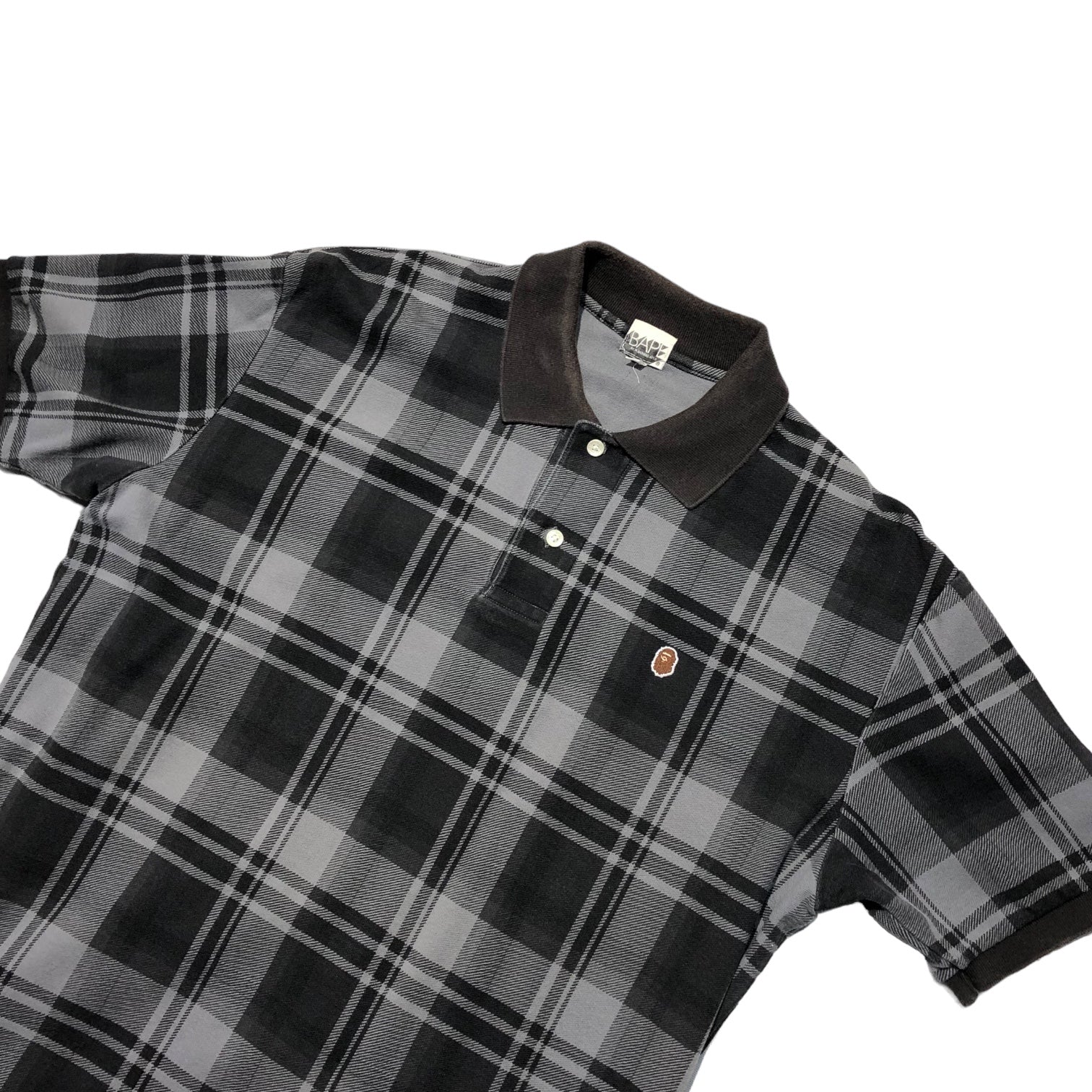 A BATHING APE(アベイシングエイプ) 00's One point logo check polo shirt ワンポイント ロゴ チェック ポロ シャツ L ブラック×グレー