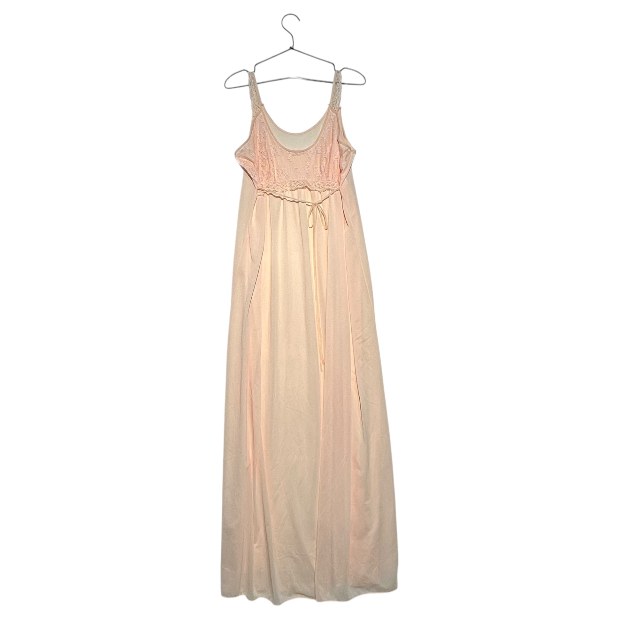 VINTAGE(ヴィンテージ) 70’s front ribbon salmon pink camisole onepiece サーモンピンクのリボンとキャミソールロング丈ワンピース 表記無し(M〜Lサイズ程度) ピンク