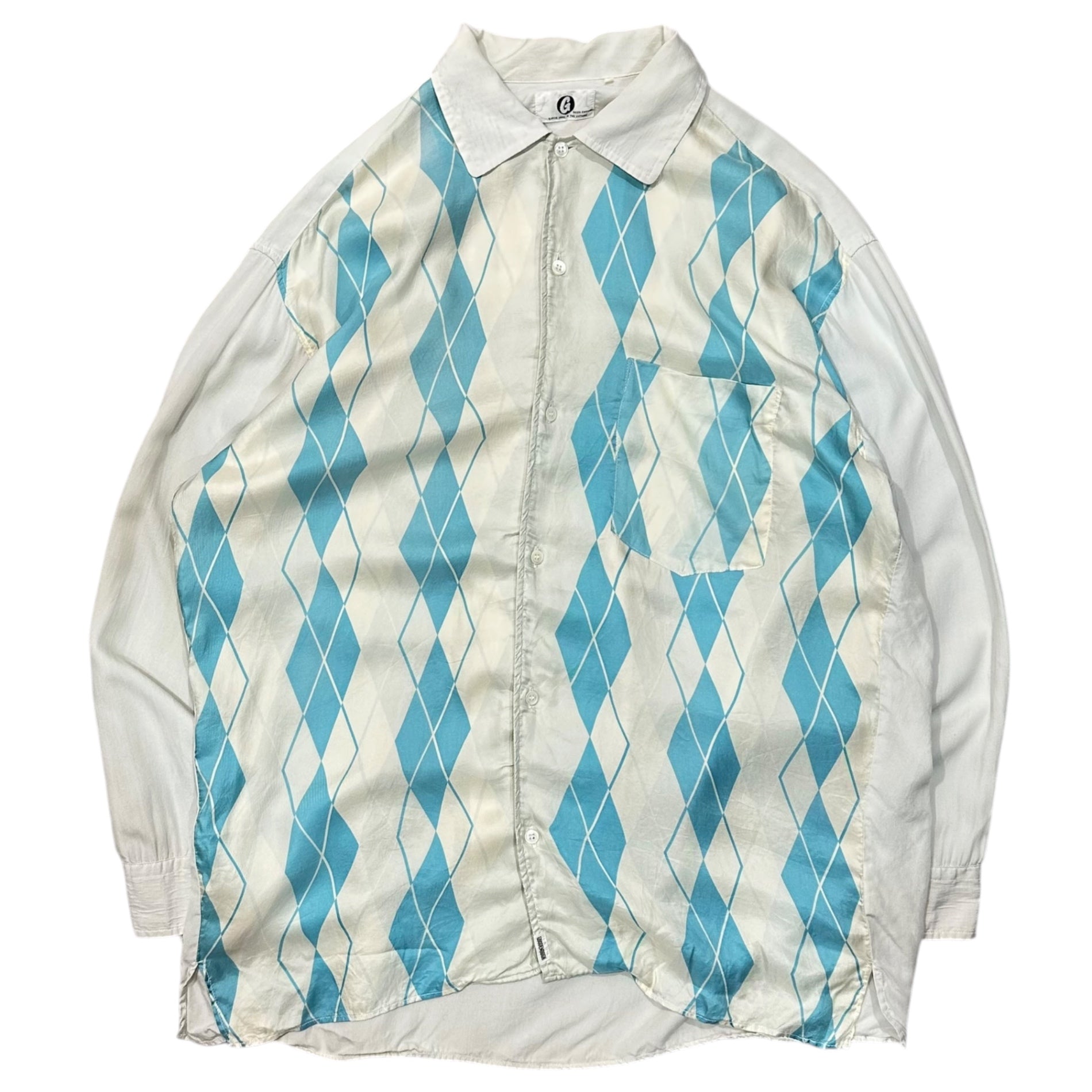 GOODENOUGH(グッドイナフ) 1991's Silk Argyle Oversized Shirt シルク アーガイル ビッグ シャツ 表記消(XL程度) ホワイト×ライトブルー 90年代 90's ダイア パジャマ ヴィンテージ アーカイブ