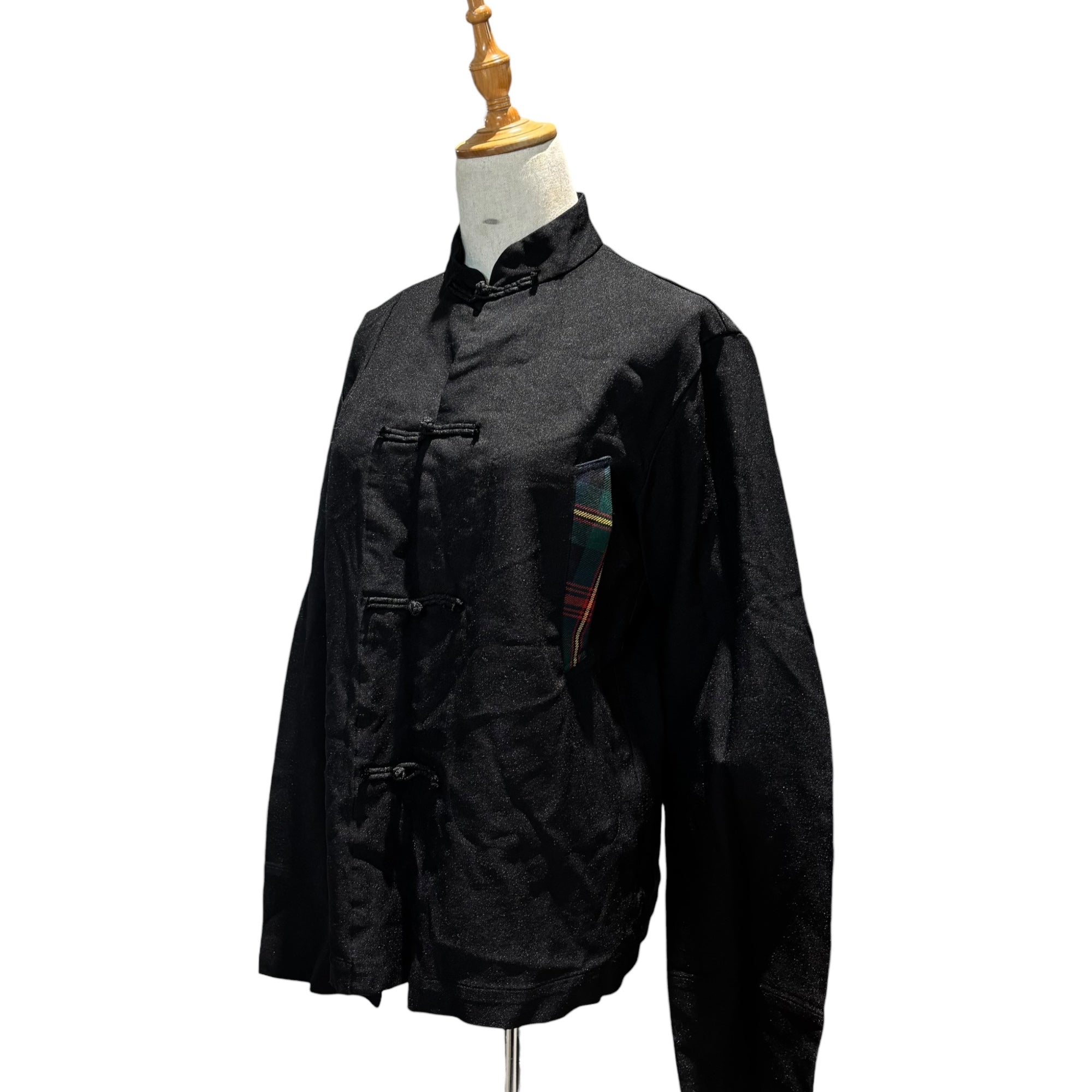 BLACK COMME des GARCONS(ブラックコムデギャルソン) 17AW Polyester Shrink-Resistant Checkered Panel China Shirt Jacket ポリエステル 縮絨 チェック切替 チャイナ シャツ ジャケット OT-J001 L ブラック AD2017 男性着用可能