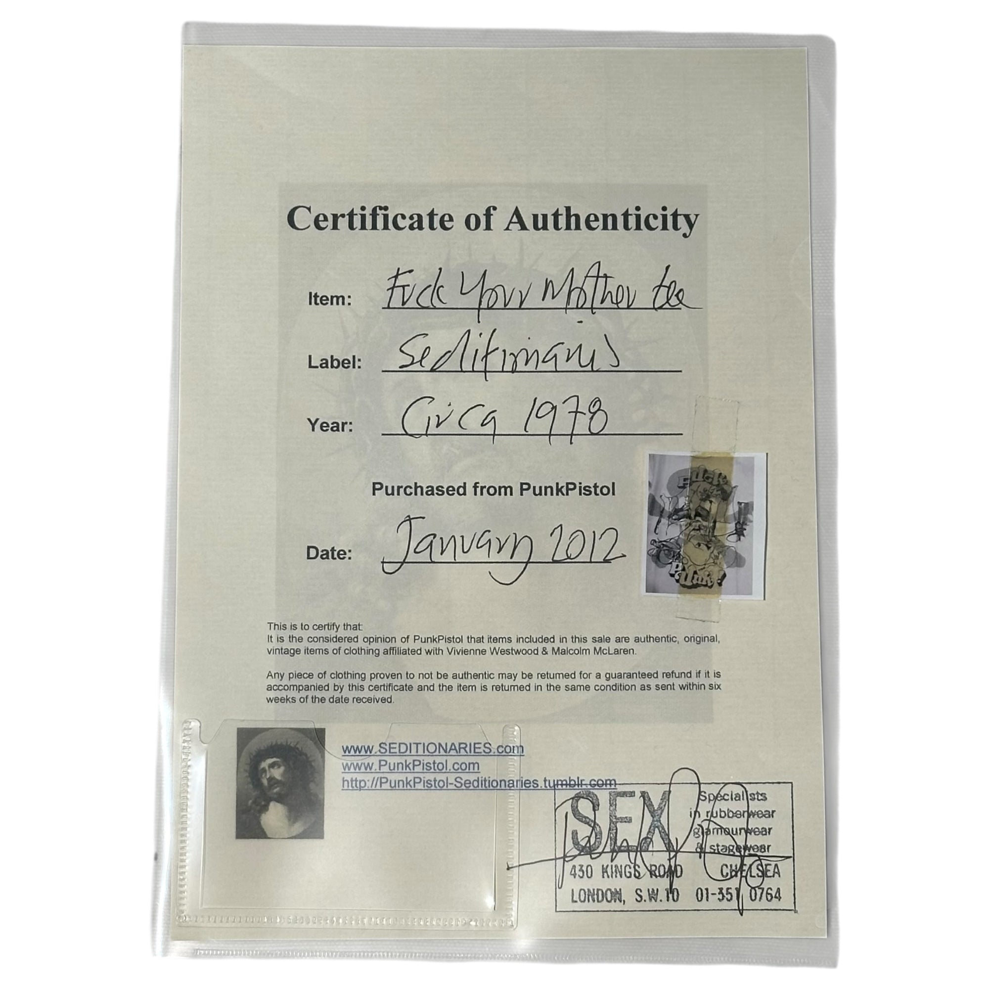 SEDITIONARIES(セディショナリーズ) 70's VINTAGE FUCK YOUR MOTHER TEE 70年代 ヴィンテージ ファック ユア マザー Tシャツ ピストルズ FREE ホワイト×ブラック 鑑定書付き SEX