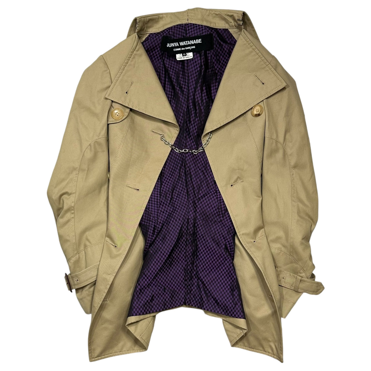 JUNYA WATANABE COMME des GARCONS(ジュンヤワタナベコムデギャルソン) 2006SS Inner Gingham-Check Chain Lock-Button Trench Half-Coat インナー ギンガム チェック チェーン ロック ボタン トレンチ ハーフ コート JQ-J006 SS ベージュ×パープル AD2005 00s アーカイブ
