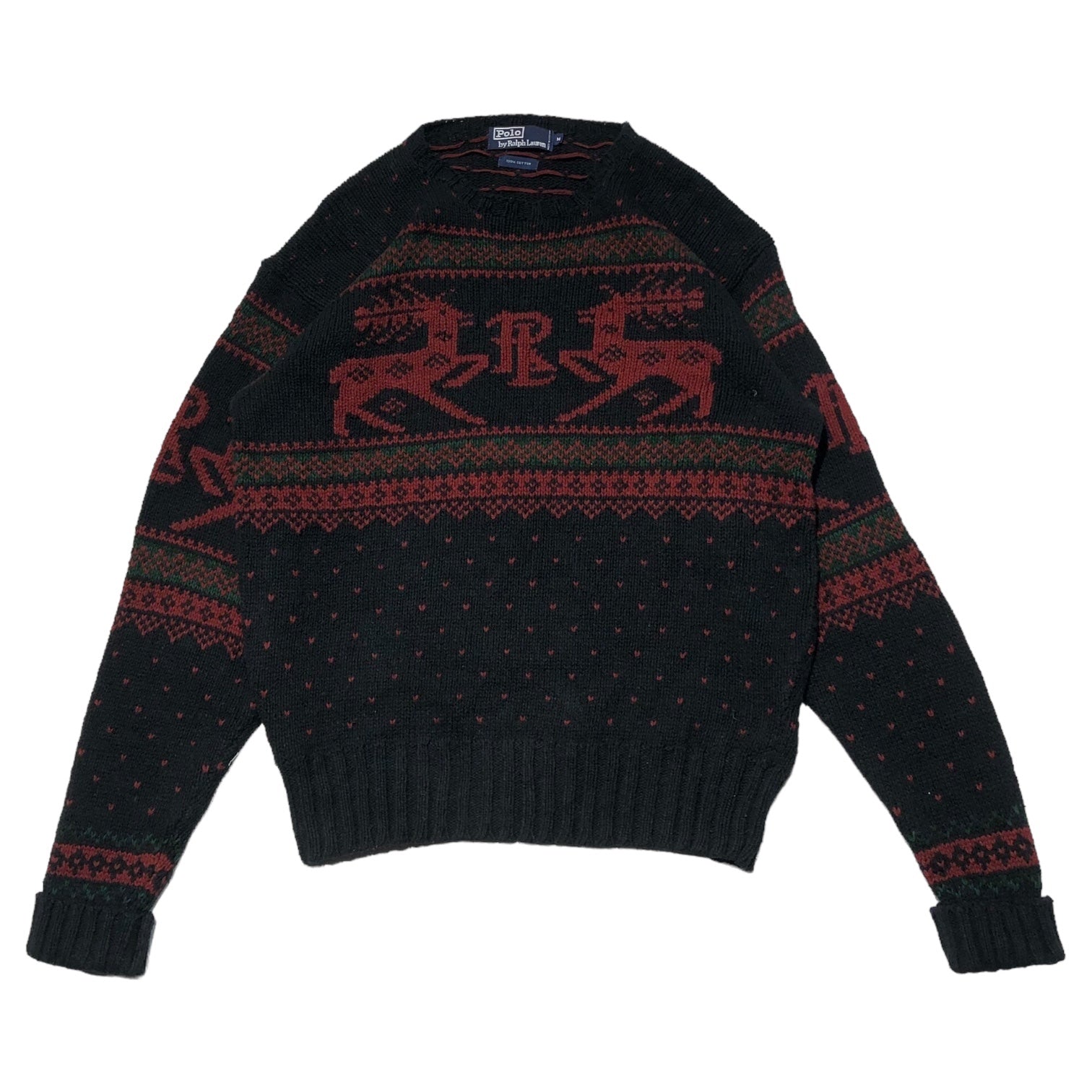 POLO RALPH LAUREN(ポロラルフローレン) 90's nordic pattern logo knit ノルディック 柄 ロゴ ニット  M ネイビー×レッド 90年代 コットン ヴィンテージ クルーネック