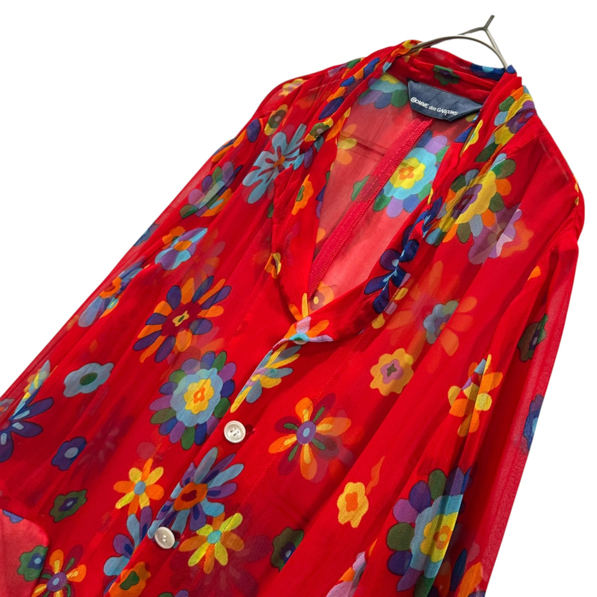 COMME des GARCONS(コムデギャルソン) 1996AW Aoyama Exclusive: Padded Flap Pocket Floral Print Cupro Sheer Shirt Jacket 青山限定 中綿 フラップポケット フローラル プリント シアー シャツ ジャケット KX-611020 FREE レッド×マルチカラー AD1996 90s アーカイブ Flowering Clothes フラワーリング クローズ